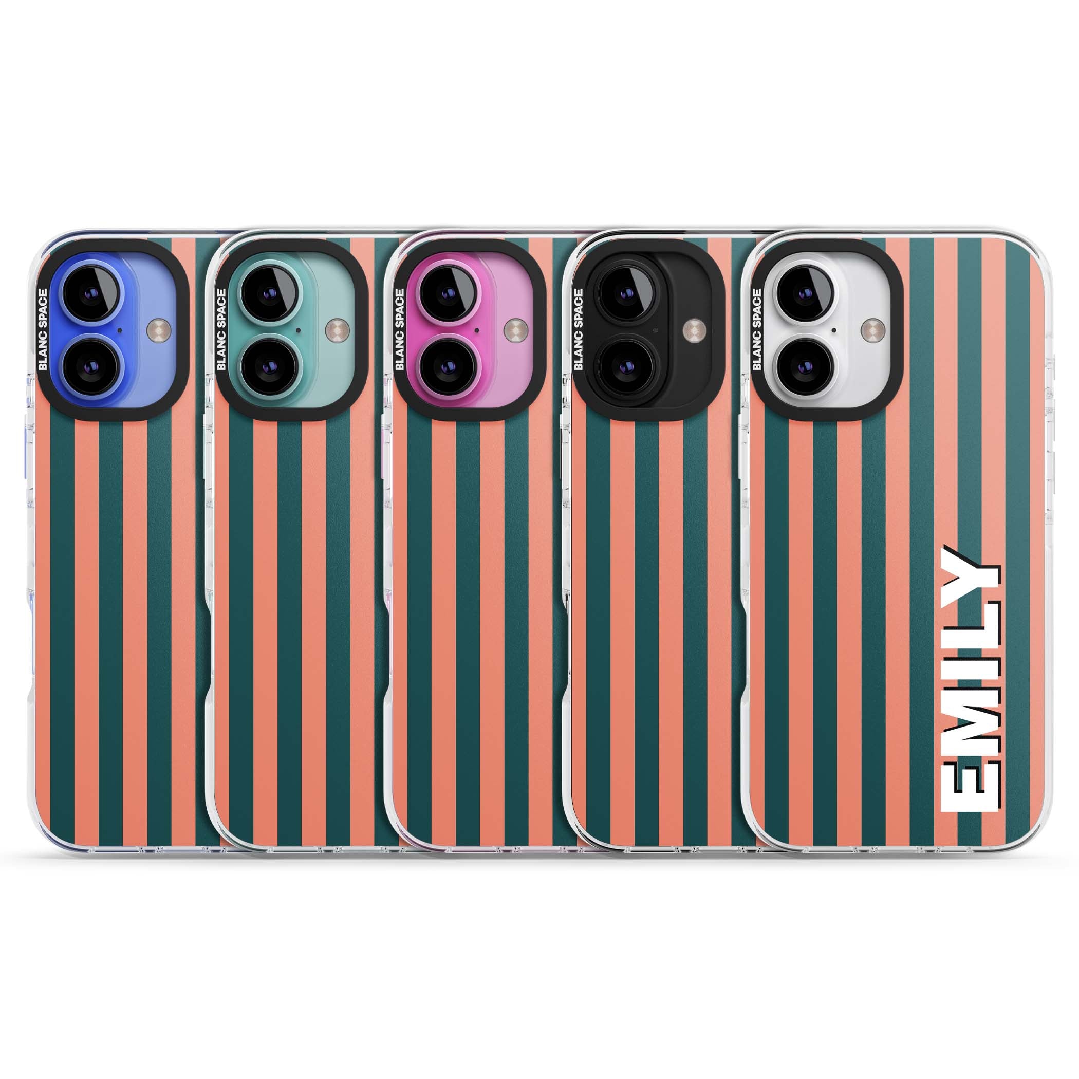 Tuscan Stripe personalised iPhone case featuring coral and green vertical stripes with bold custom name | Clear Impact case for iPhone 16, iPhone 16 Plus