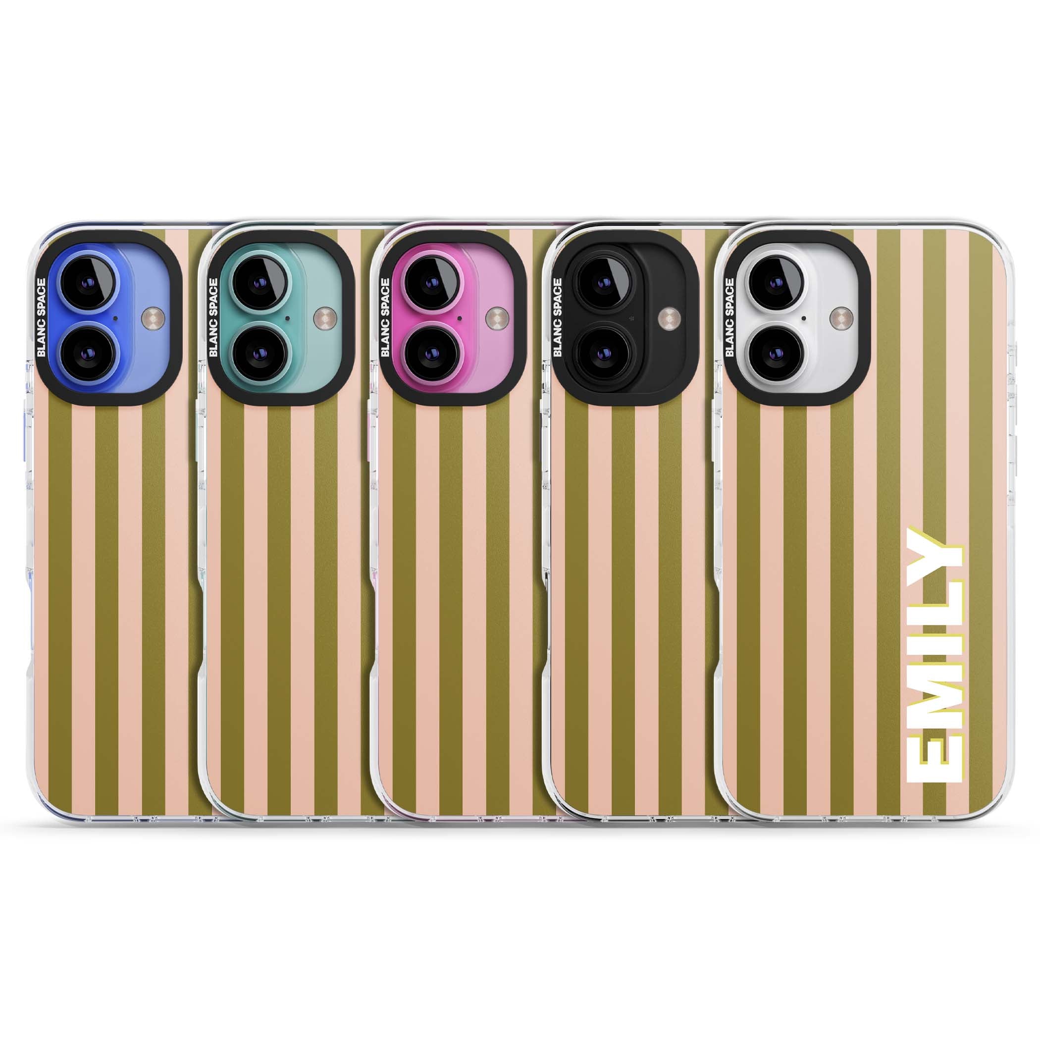 Indian Stripe personalised iPhone case featuring olive green and blush pink vertical stripes with custom name in whit | Clear Impact case for iPhone 16, iPhone 16 Plus