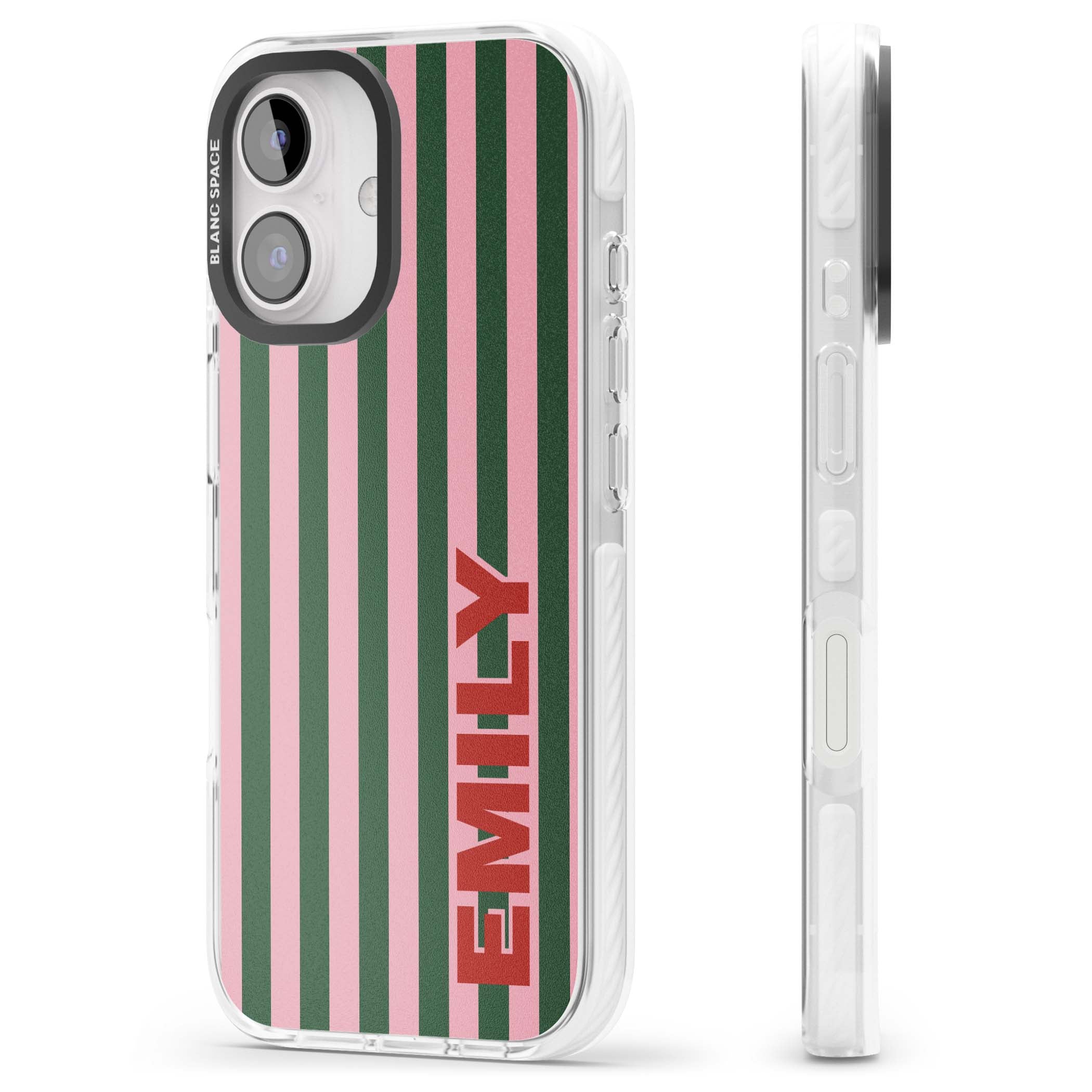 Italian Stripe preppy iPhone case featuring pink and green vertical stripes with personalised red name | Clear Impact case for iPhone 16, iPhone 16 Plus