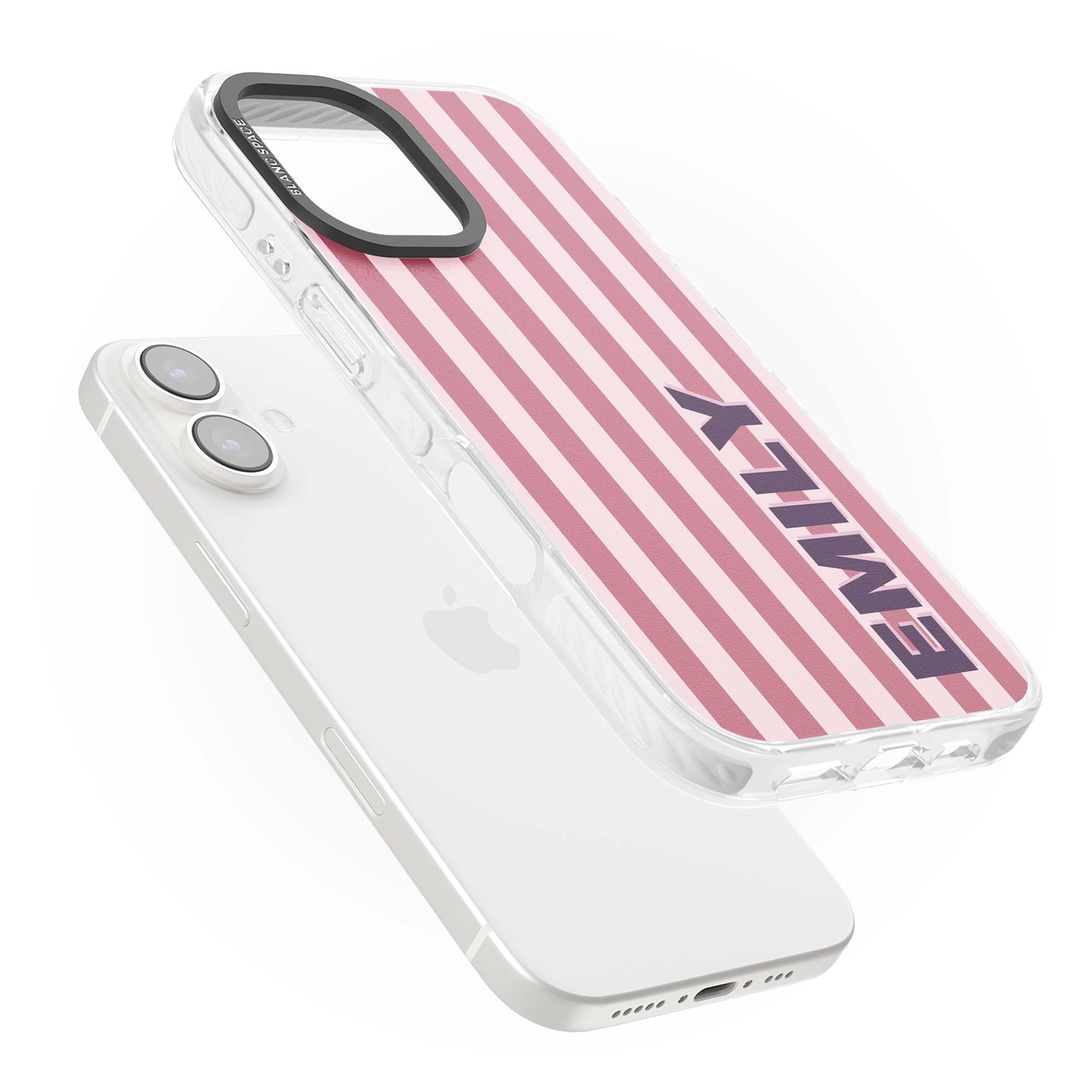 Victoria Stripe personalised iPhone case featuring pink vertical stripes and custom name in bold plum lettering | Clear Impact case for iPhone 16, iPhone 16 Plus