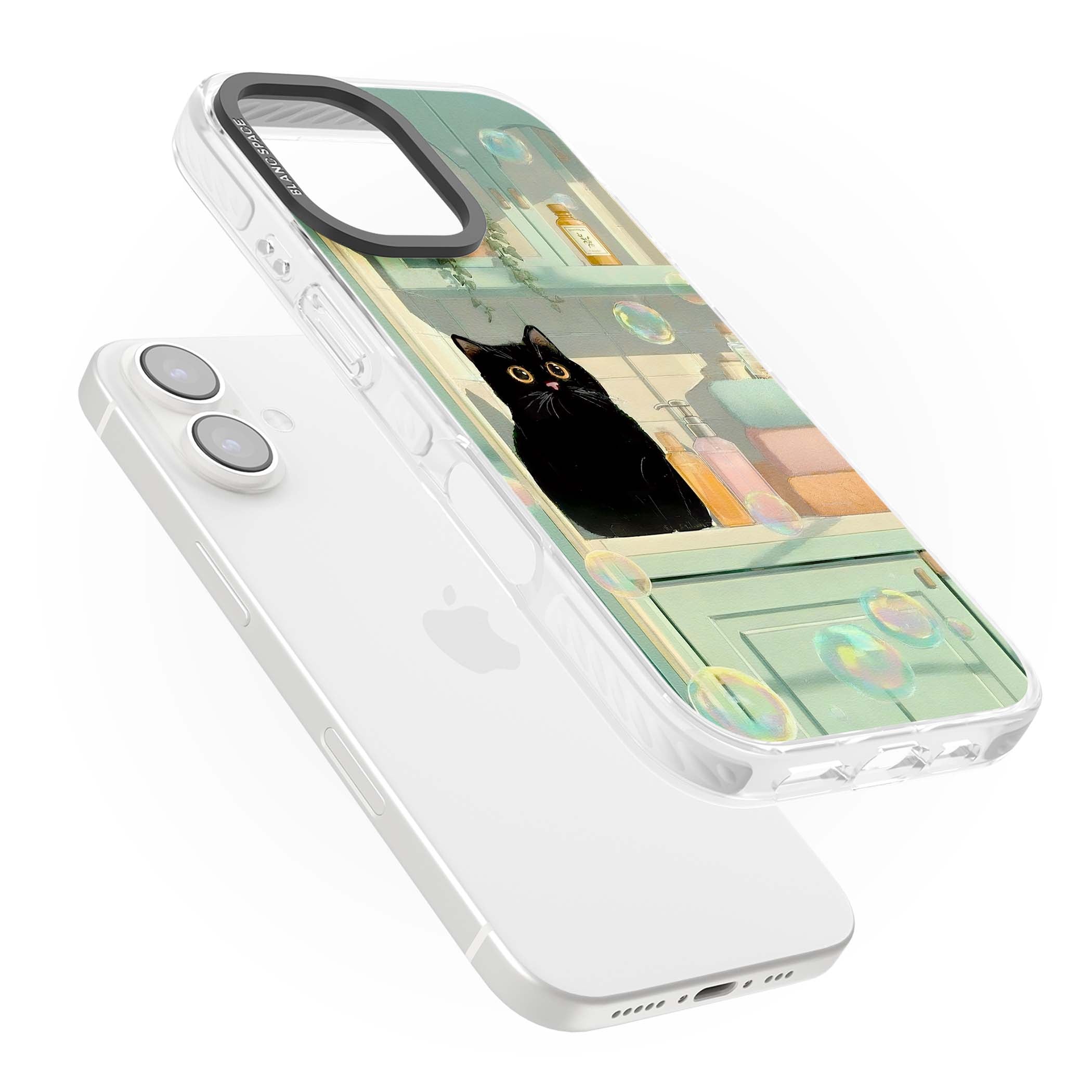 Bathroom Bubble Kitty cottagecore iPhone case featuring a black cat, mint bathroom scene and floating soap bubbles | Clear Impact case for iPhone 16, iPhone 16 Plus