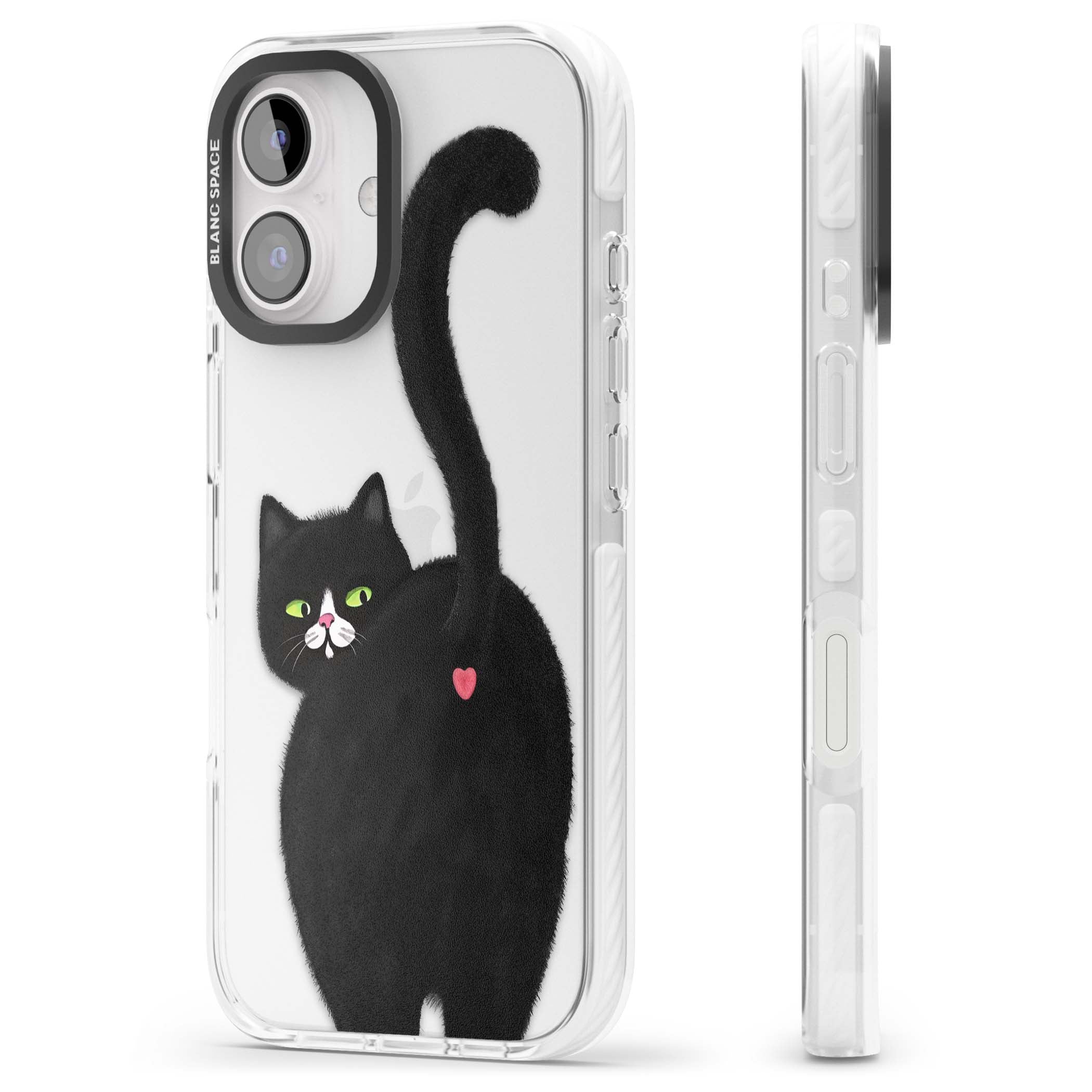 The Cat's Kiss cute cat iPhone case featuring a hand-painted tuxedo kitty with green eyes and a pink heart on a clear | Clear Impact case for iPhone 16, iPhone 16 Plus