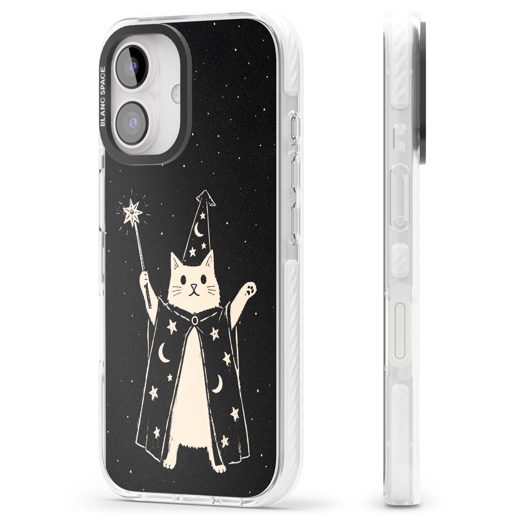 Whisker Wizard celestial cat iPhone case featuring a wizard cat with magic wand, starry night sky and crescent moons | Clear Impact case for iPhone 16, iPhone 16 Plus