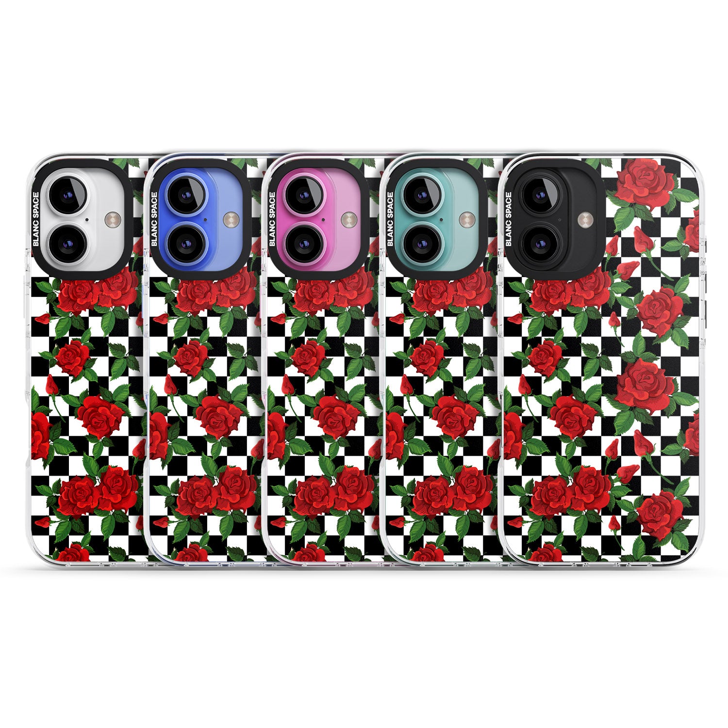 iPhone 16 Pro Max Checkered Pattern & Red Roses Black Impact Phone Case