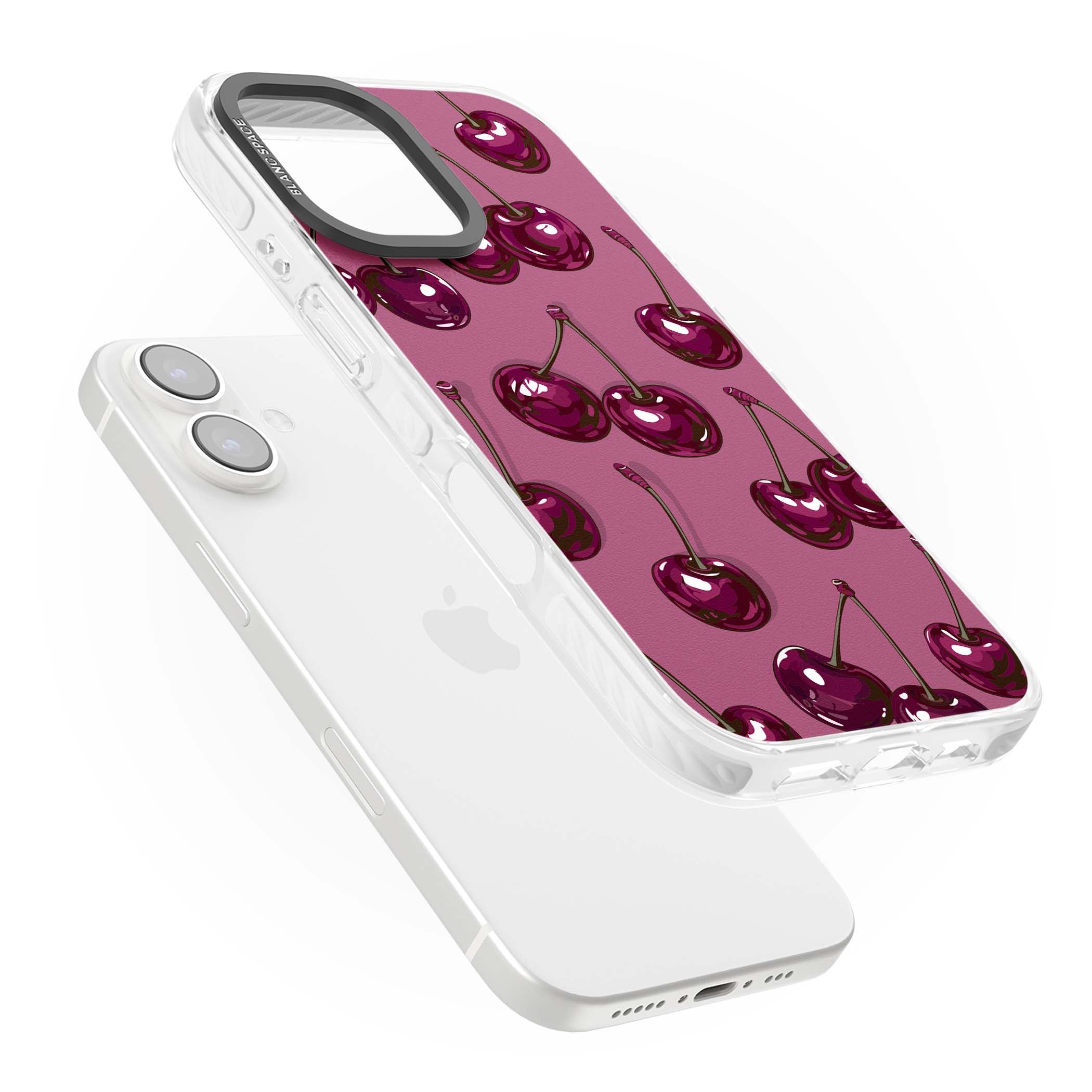 Cherry Soda coquette iPhone case featuring glossy burgundy cherries on a dusty pink background | Clear Impact case for iPhone 16, iPhone 16 Plus