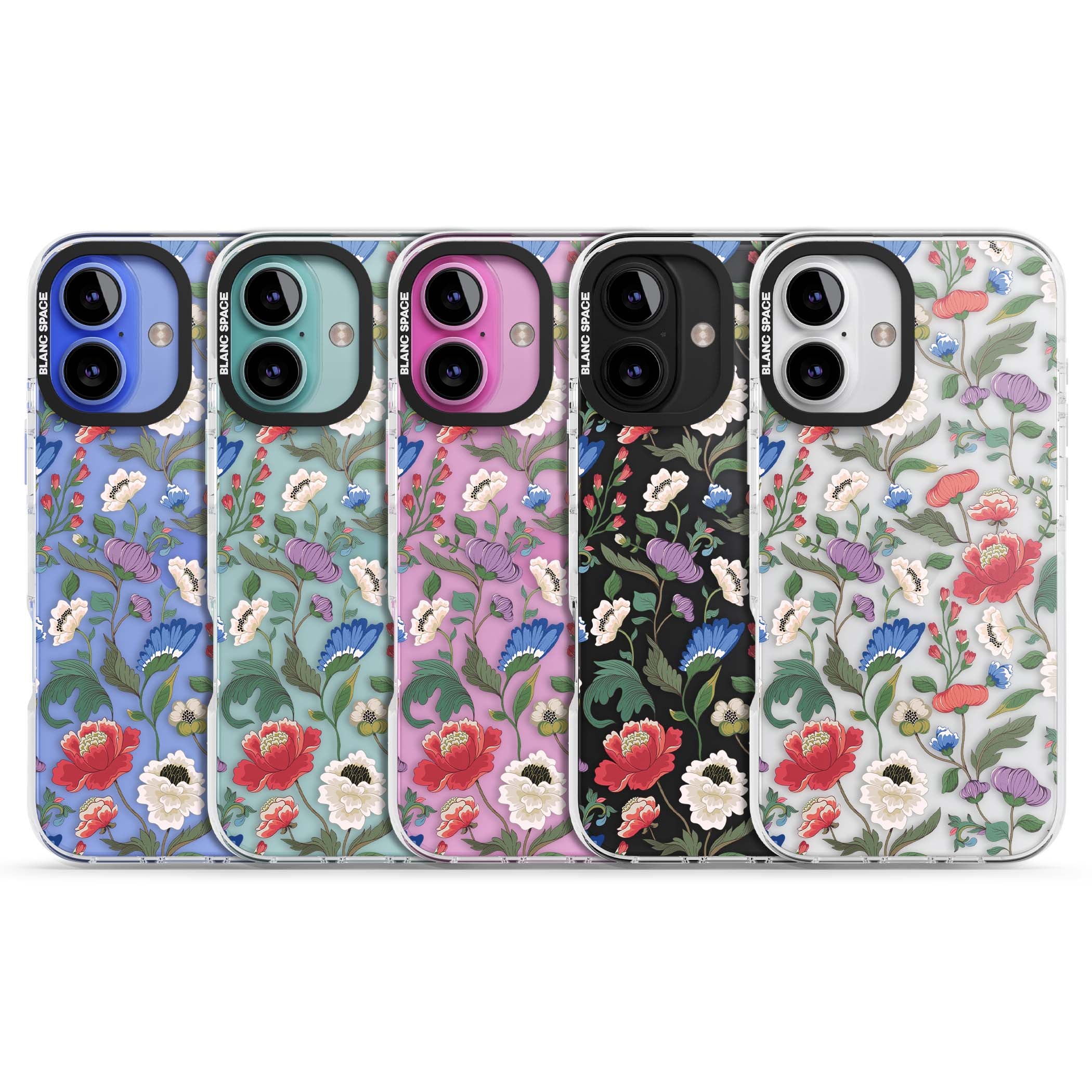 Chinoiserie Bloom vintage floral iPhone case featuring hand-painted peonies, poppies and trailing wildflowers on clear... | Clear Impact case for iPhone 16, iPhone 16 Plus