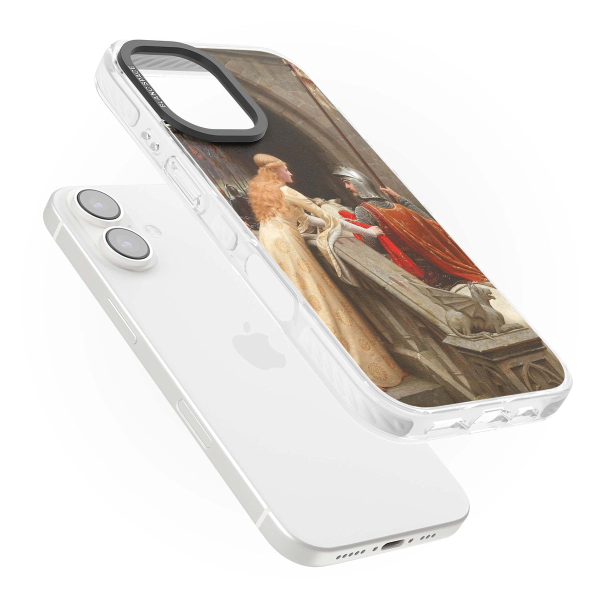 God Speed fine art iPhone case featuring Edmund Blair Leighton's medieval knight and lady beneath a stone archway | Clear Impact case for iPhone 16, iPhone 16 Plus
