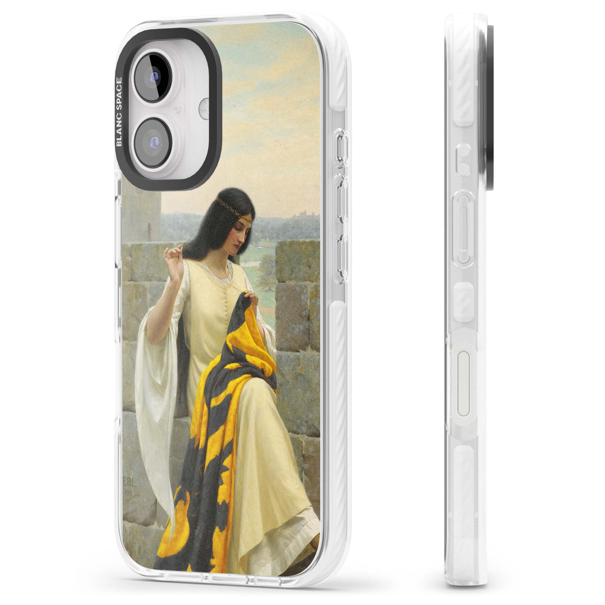 Stitching the Standard renaissance art iPhone case featuring a medieval lady sewing a golden banner on a castle wall | Clear Impact case for iPhone 16, iPhone 16 Plus