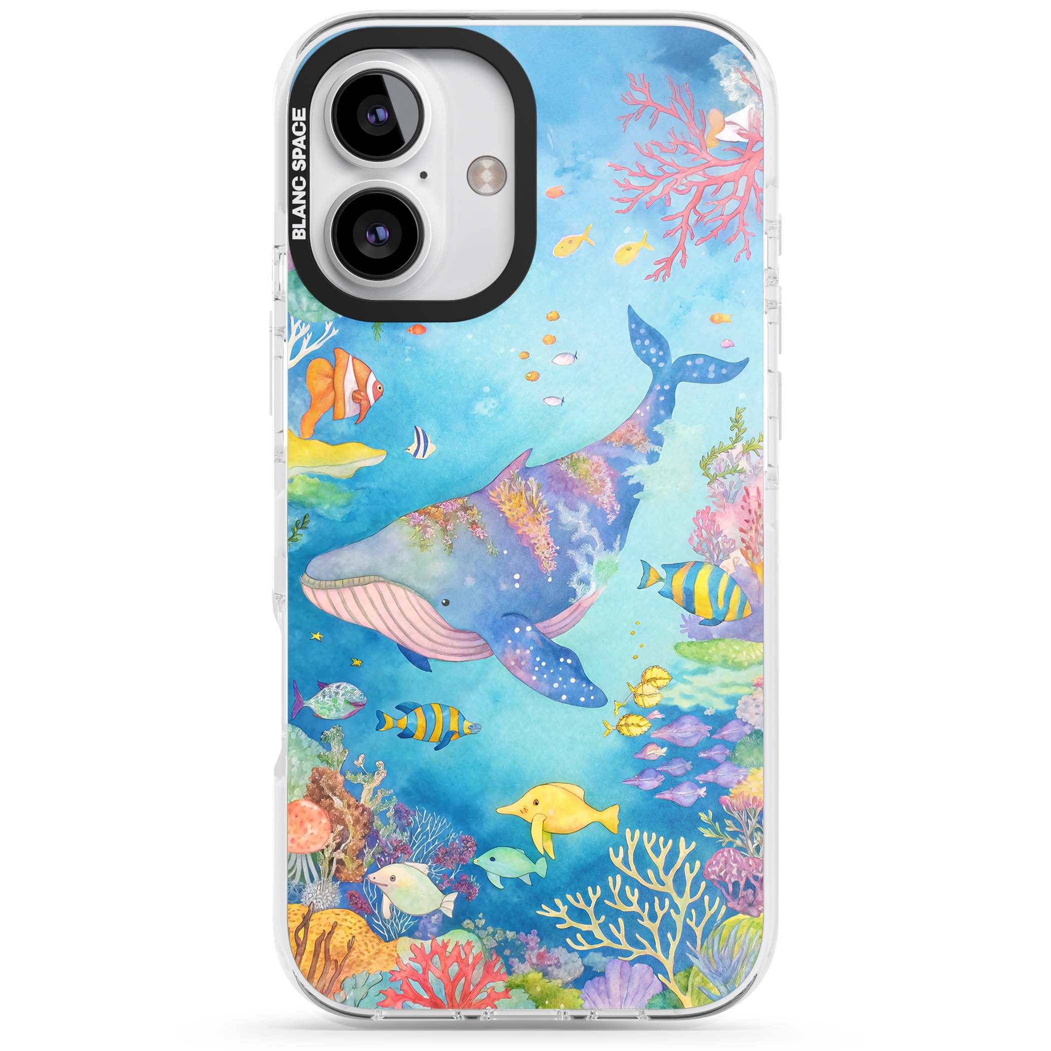 Coral Lagoon ocean iPhone case featuring a watercolour whale, coral reef and tropical fish | Clear Impact case for iPhone 16, iPhone 16 Plus