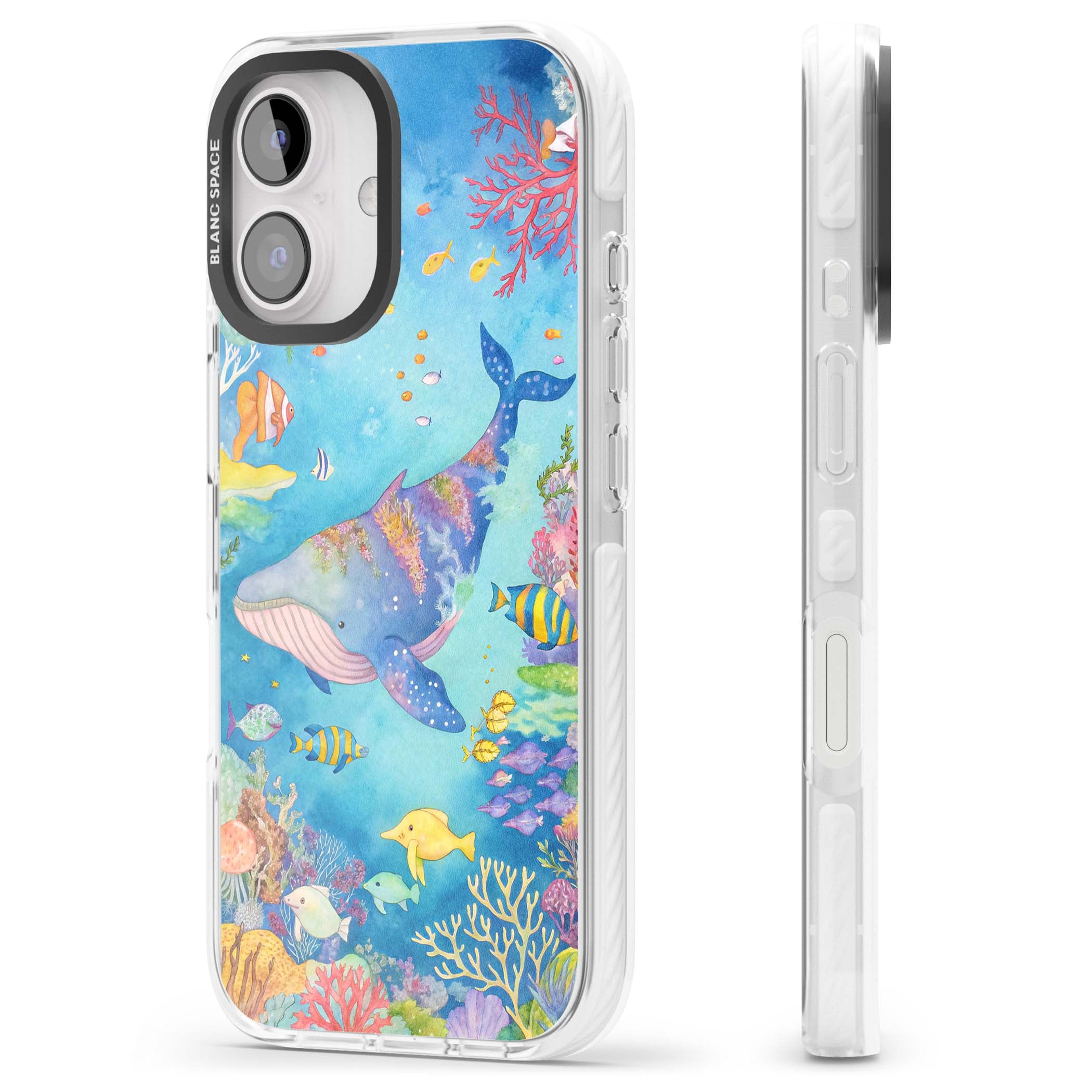 Coral Lagoon ocean iPhone case featuring a watercolour whale, coral reef and tropical fish | Clear Impact case for iPhone 16, iPhone 16 Plus