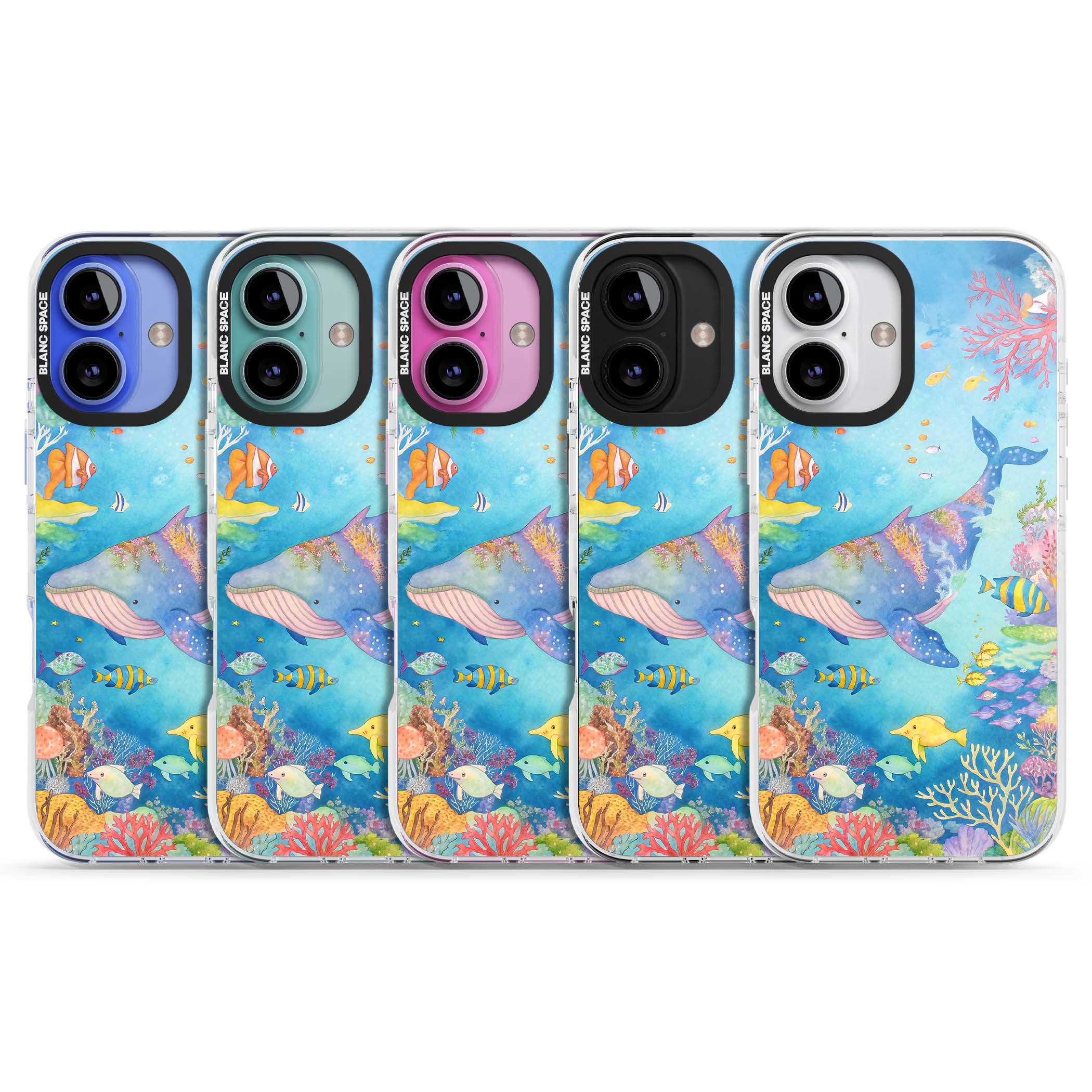 Coral Lagoon ocean iPhone case featuring a watercolour whale, coral reef and tropical fish | Clear Impact case for iPhone 16, iPhone 16 Plus