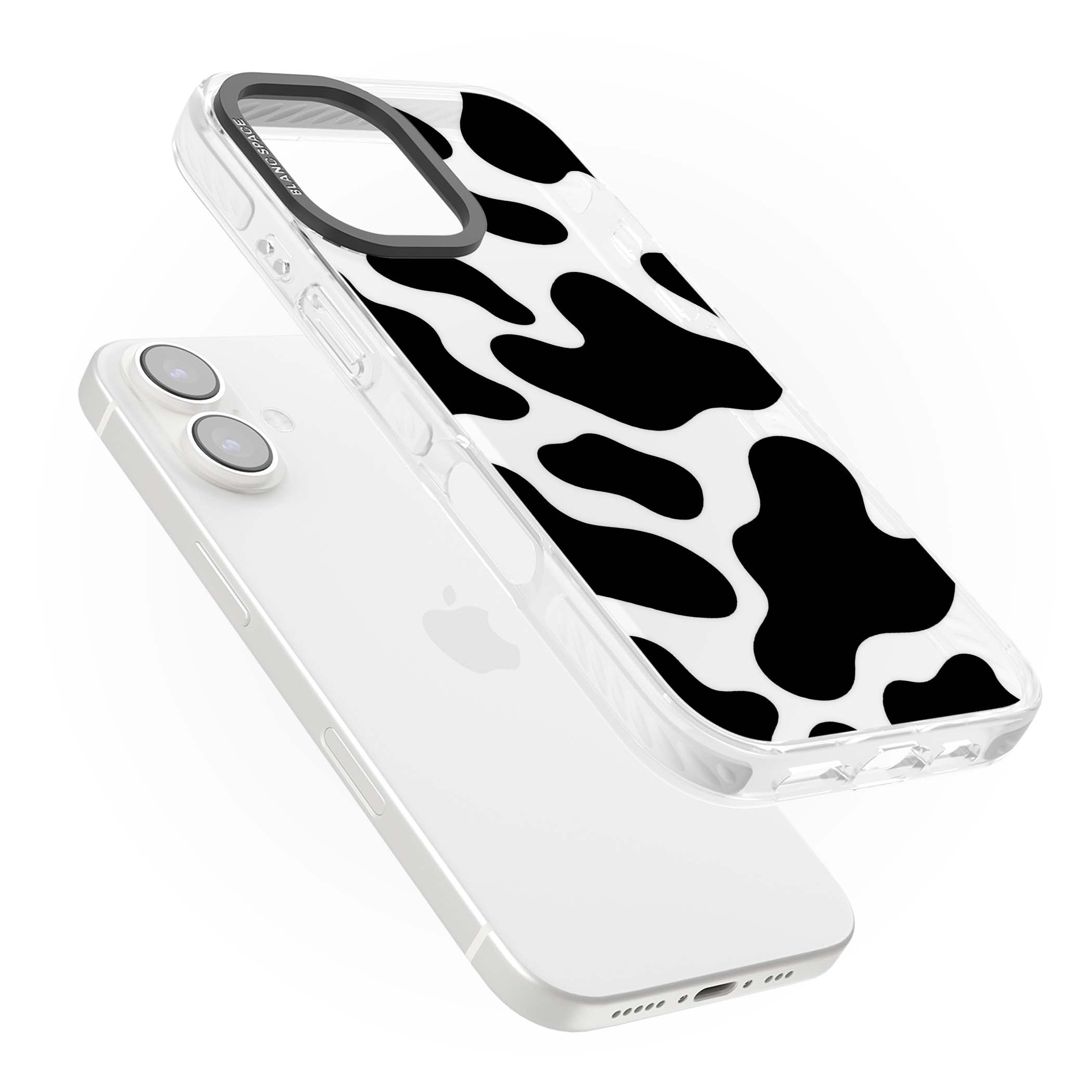 Clear Cow Print cow print iPhone case featuring black and white cow pattern splotches on a clear background | Clear Impact case for iPhone 16, iPhone 16 Plus