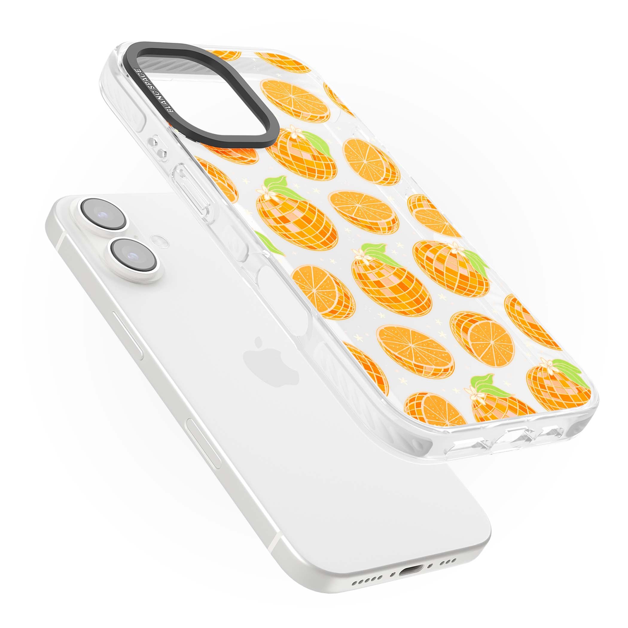 Disco Oranges retro iPhone case featuring mirrorball oranges, citrus slices and tiny blossoms on clear | Clear Impact case for iPhone 16, iPhone 16 Plus