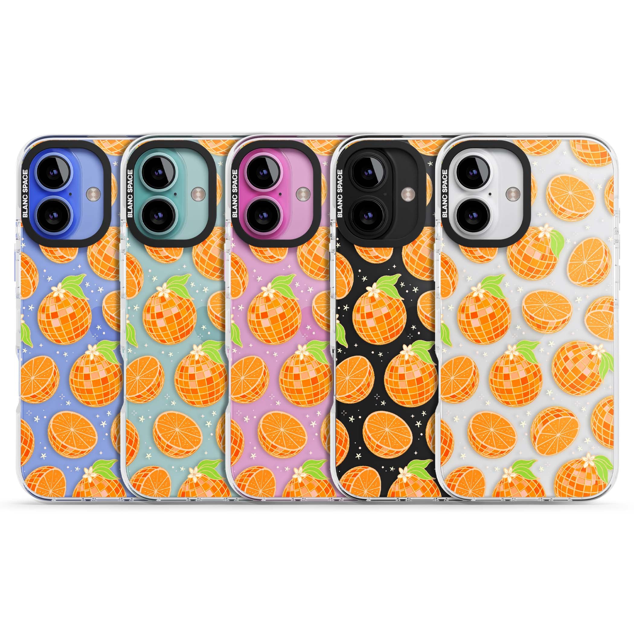 Disco Oranges retro iPhone case featuring mirrorball oranges, citrus slices and tiny blossoms on clear | Clear Impact case for iPhone 16, iPhone 16 Plus