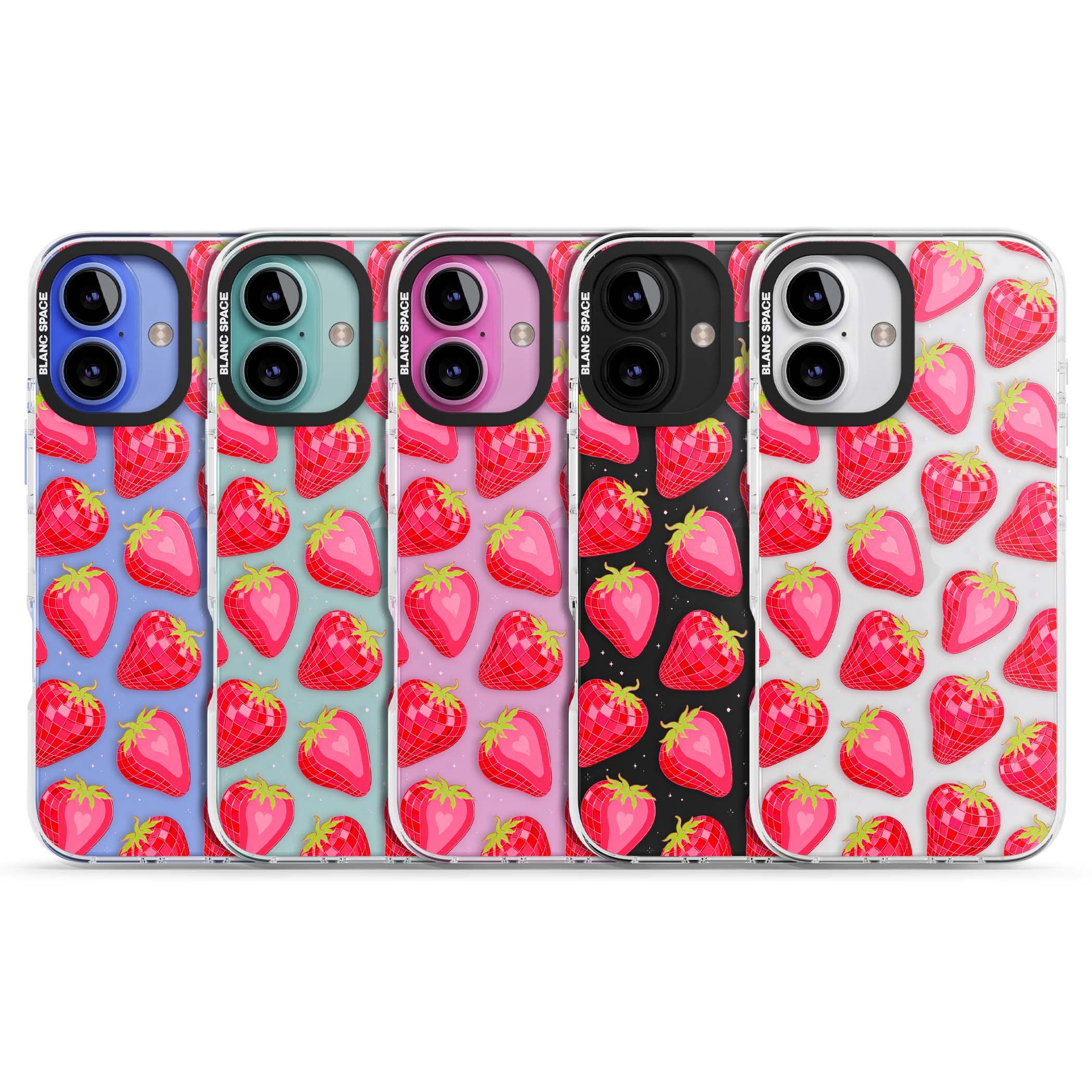 Disco Strawberry Y2K iPhone case featuring pink disco-ball strawberries, green leaves and tiny sparkles | Clear Impact case for iPhone 16, iPhone 16 Plus