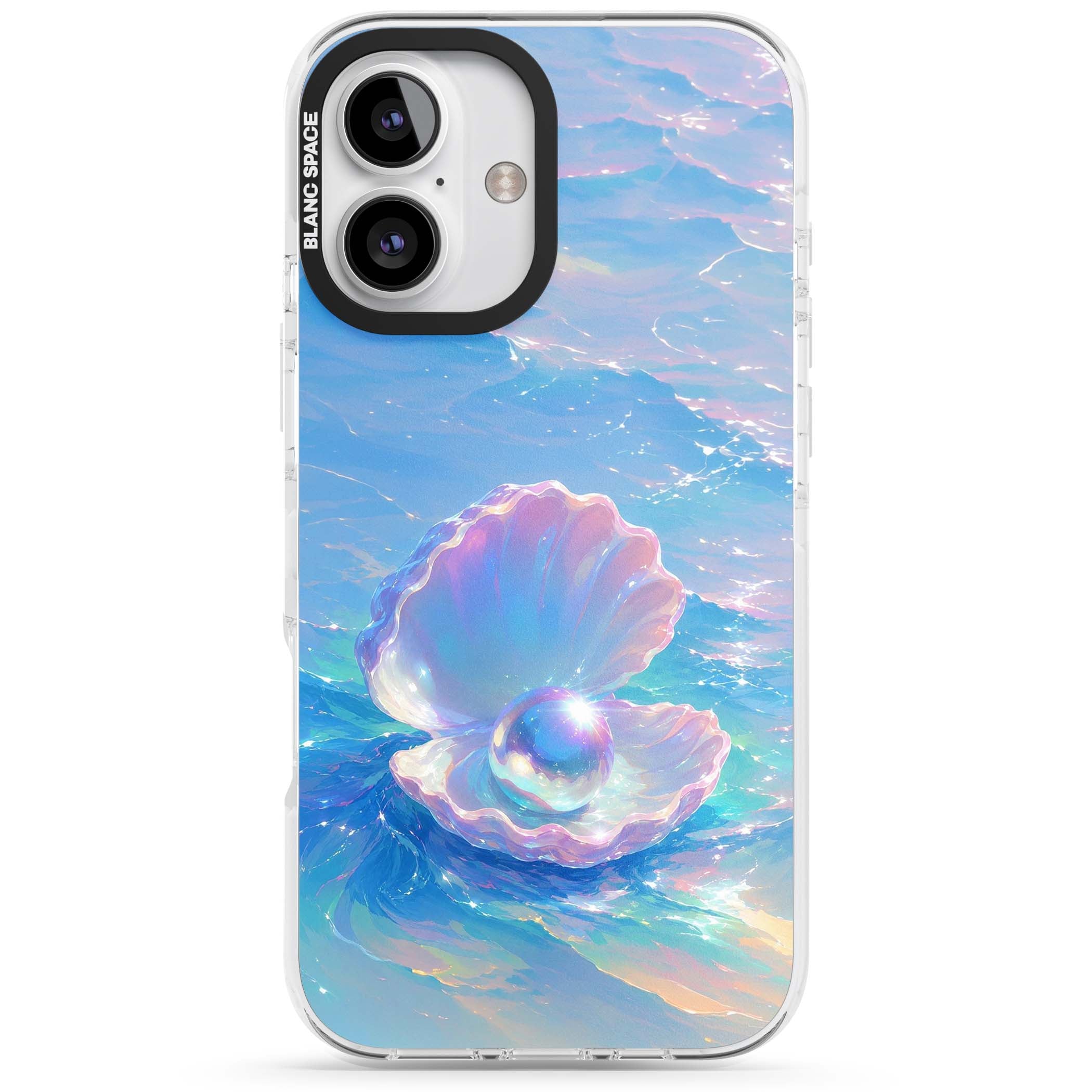 The Pearl Clam mermaidcore iPhone case featuring iridescent seashell, glowing pearl and pastel ocean waves | Clear Impact case for iPhone 16, iPhone 16 Plus