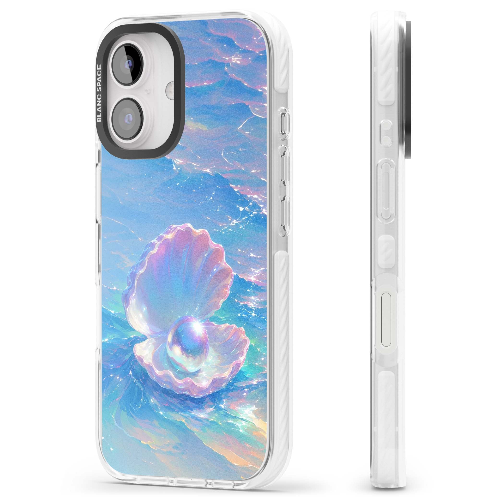 The Pearl Clam mermaidcore iPhone case featuring iridescent seashell, glowing pearl and pastel ocean waves | Clear Impact case for iPhone 16, iPhone 16 Plus