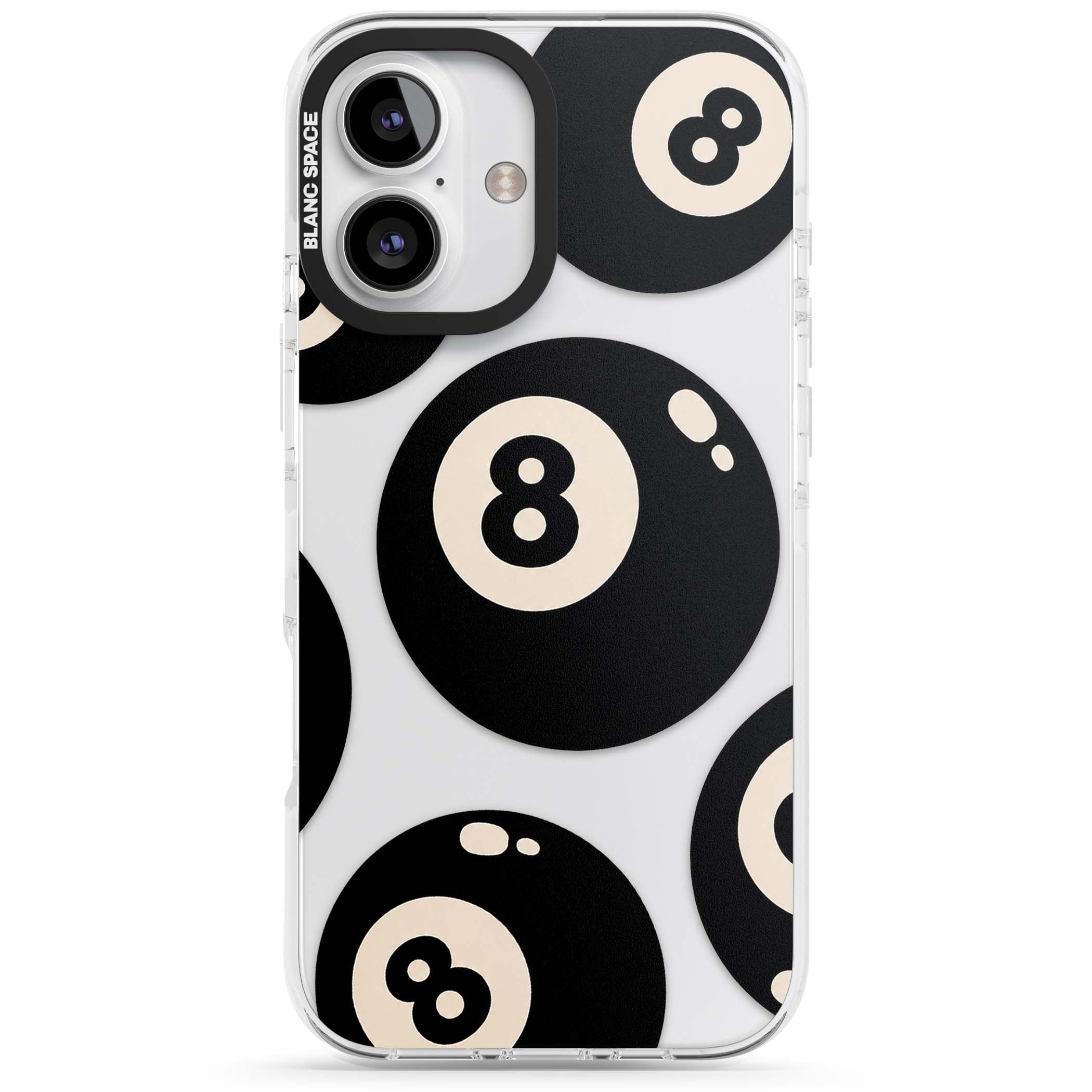 Eights y2k iPhone case featuring scattered black 8 balls with cream highlights on a clear background | Clear Impact case for iPhone 16, iPhone 16 Plus