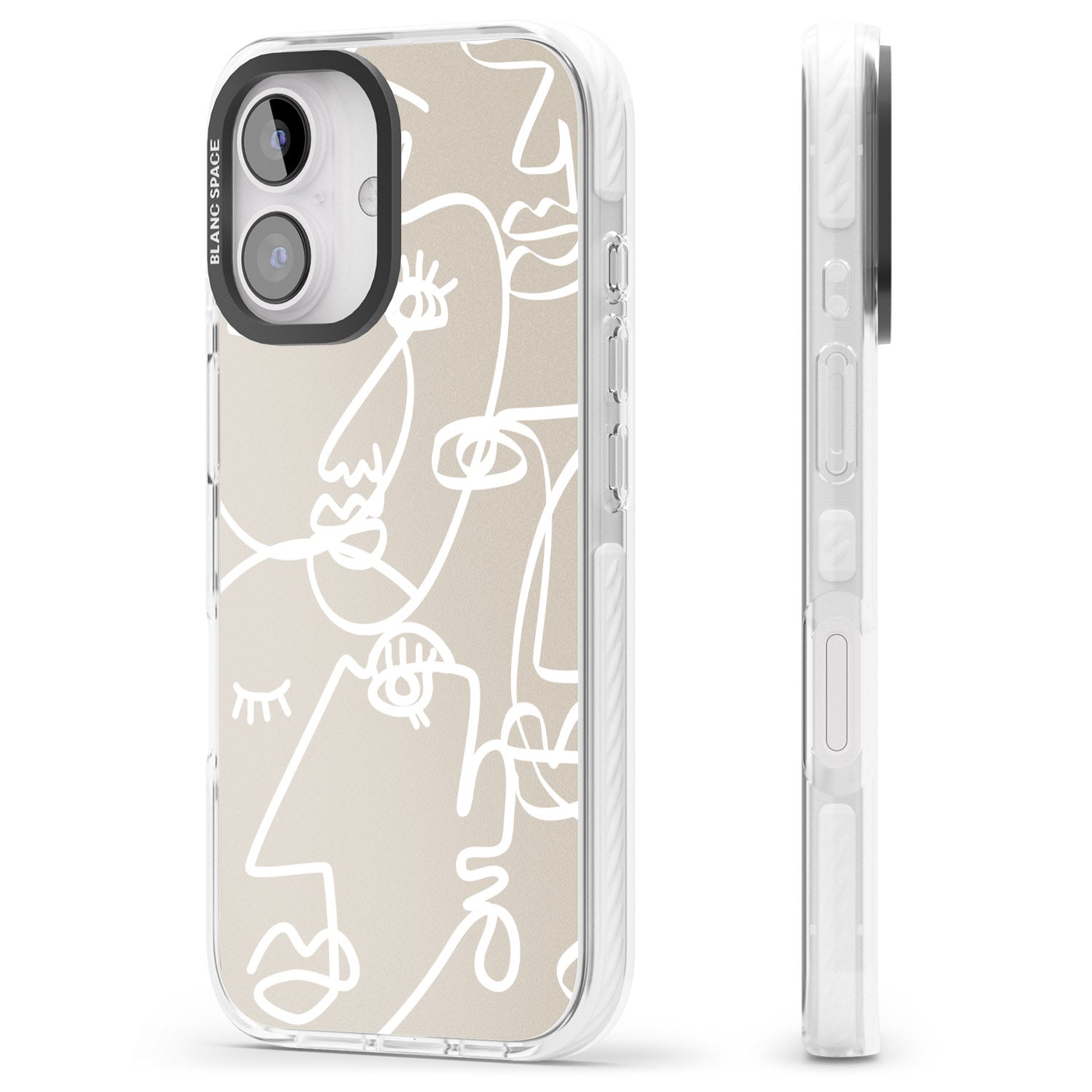 iPhone 16 Pro Max Abstract Continuous Line Faces White on Beige Black Impact Phone Case