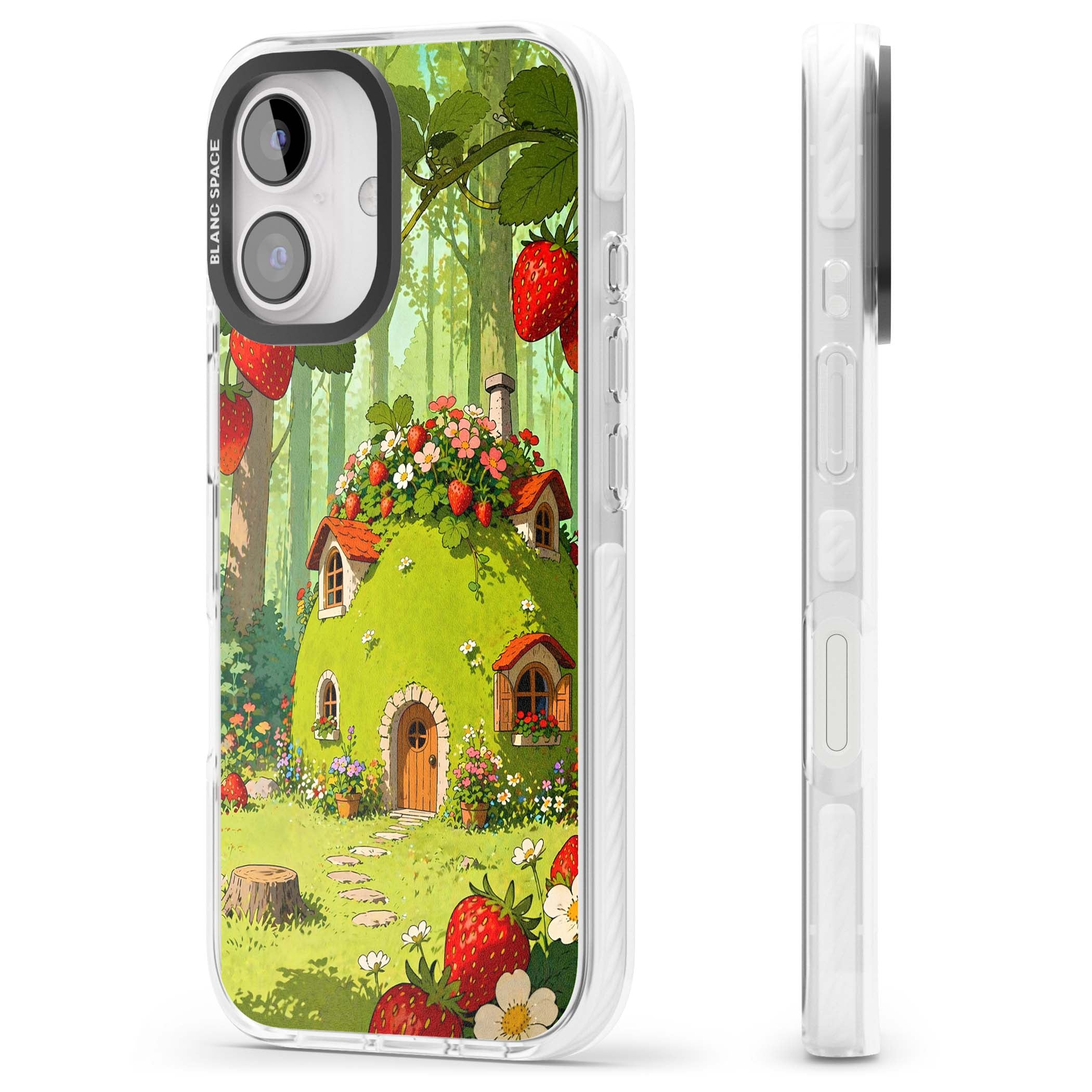 Strawberry Cottage cottagecore iPhone case featuring a green fairy house, wild strawberries and enchanted forest flowers | Clear Impact case for iPhone 16, iPhone 16 Plus