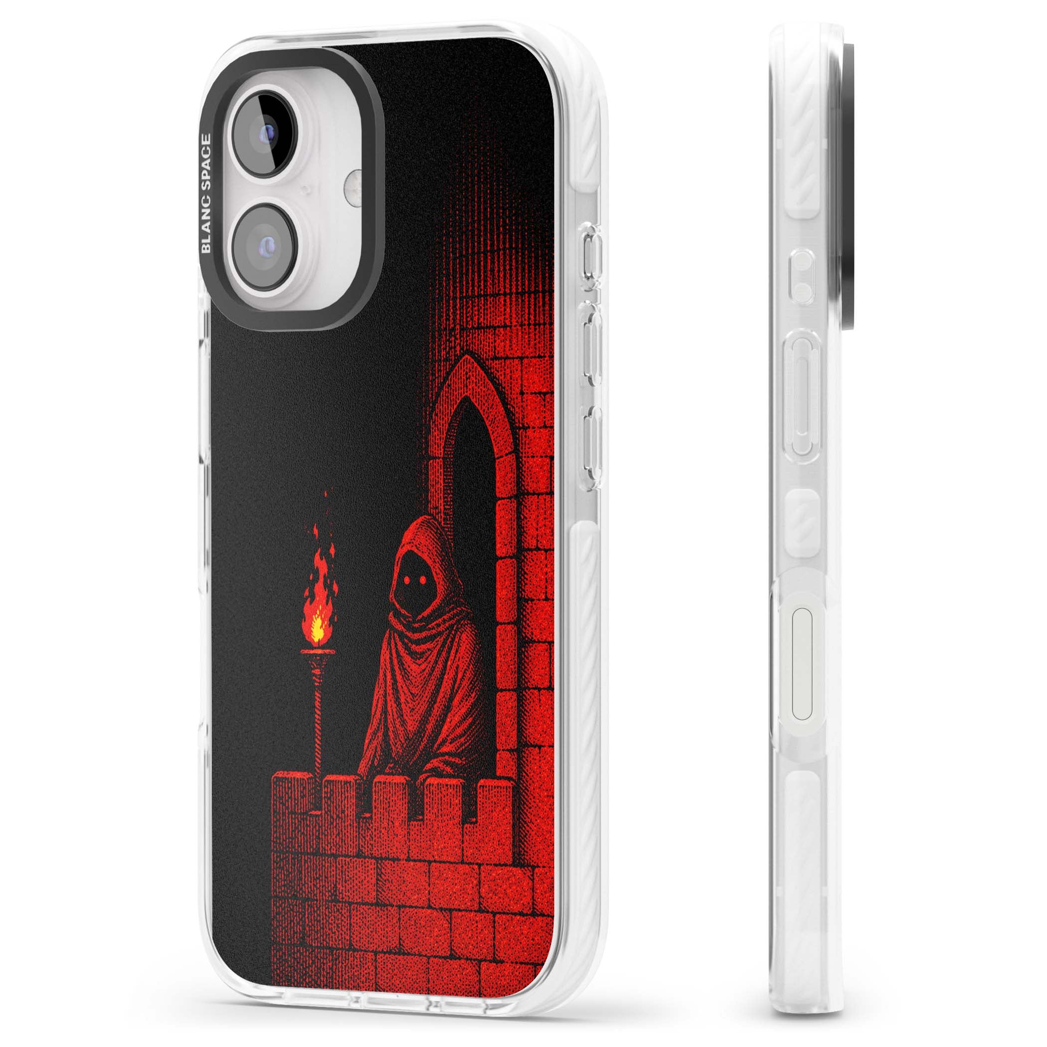 Crimson Crypt gothic iPhone case featuring a hooded reaper, torchlit crypt archway and red halftone horror art | Clear Impact case for iPhone 16, iPhone 16 Plus