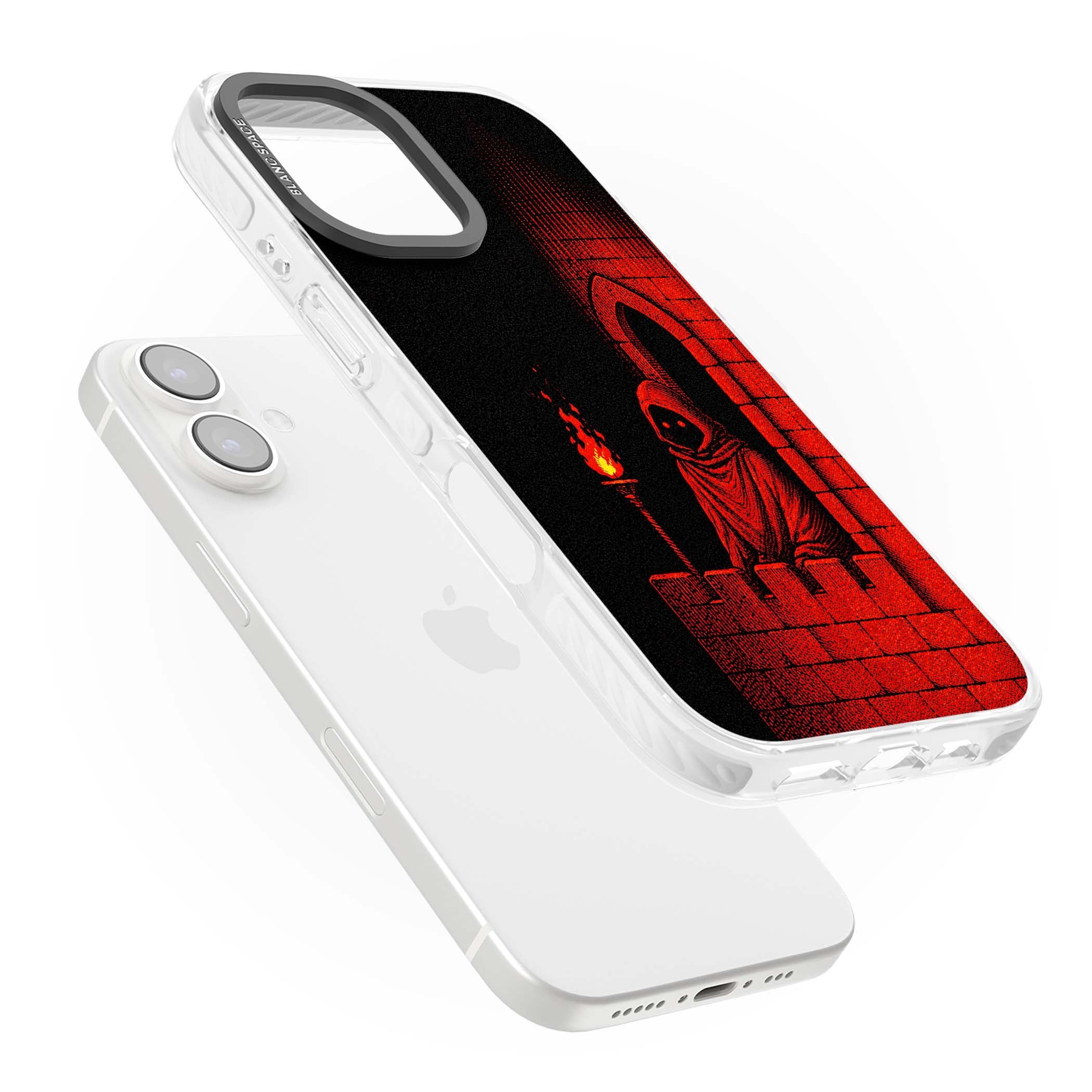 Crimson Crypt gothic iPhone case featuring a hooded reaper, torchlit crypt archway and red halftone horror art | Clear Impact case for iPhone 16, iPhone 16 Plus