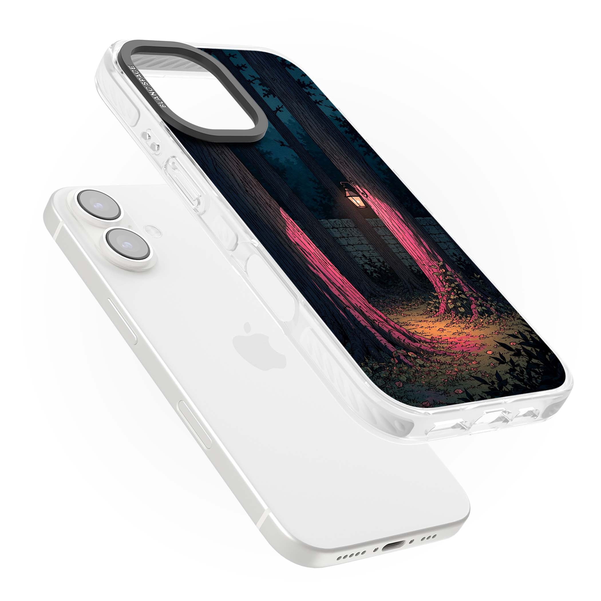 Forest Lantern dark academia iPhone case featuring a moonlit forest, glowing lantern, and stone wall pathway | Clear Impact case for iPhone 16, iPhone 16 Plus
