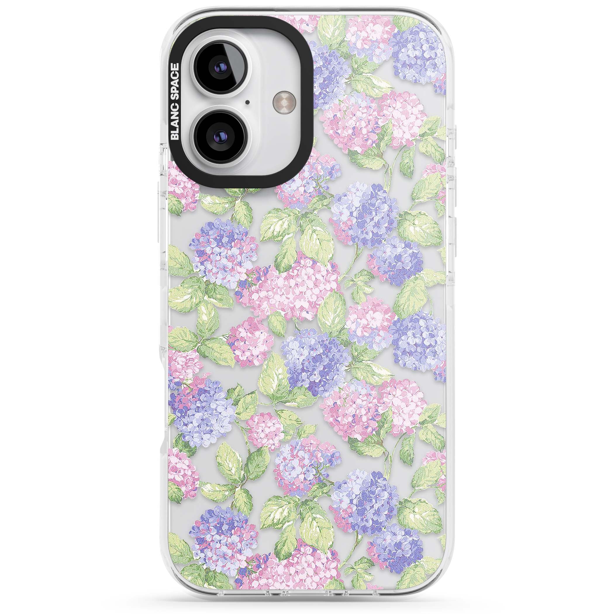 Cottage Hydrangea cottagecore iPhone case featuring pink and purple hydrangea blooms with green leaves on a clear background | Clear Impact case for iPhone 16, iPhone 16 Plus