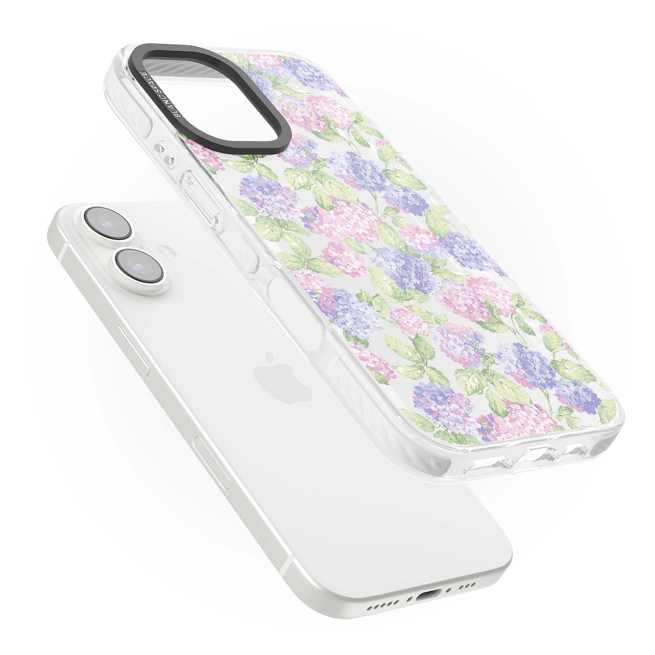Cottage Hydrangea cottagecore iPhone case featuring pink and purple hydrangea blooms with green leaves on a clear background | Clear Impact case for iPhone 16, iPhone 16 Plus