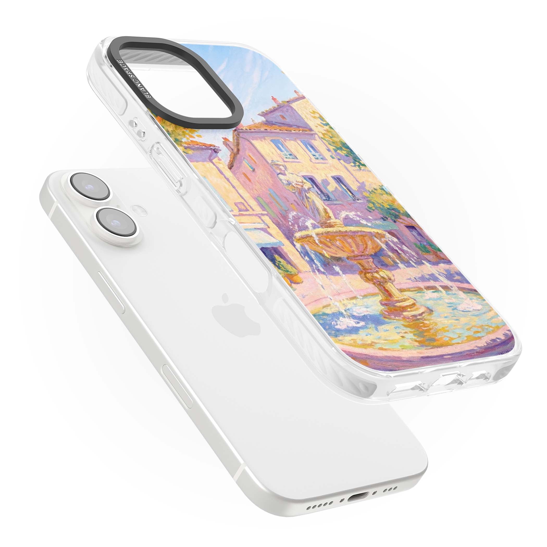 Fountain Square fine art iPhone case featuring an impressionist Provençal fountain, pastel village buildings and summe | Clear Impact case for iPhone 16, iPhone 16 Plus