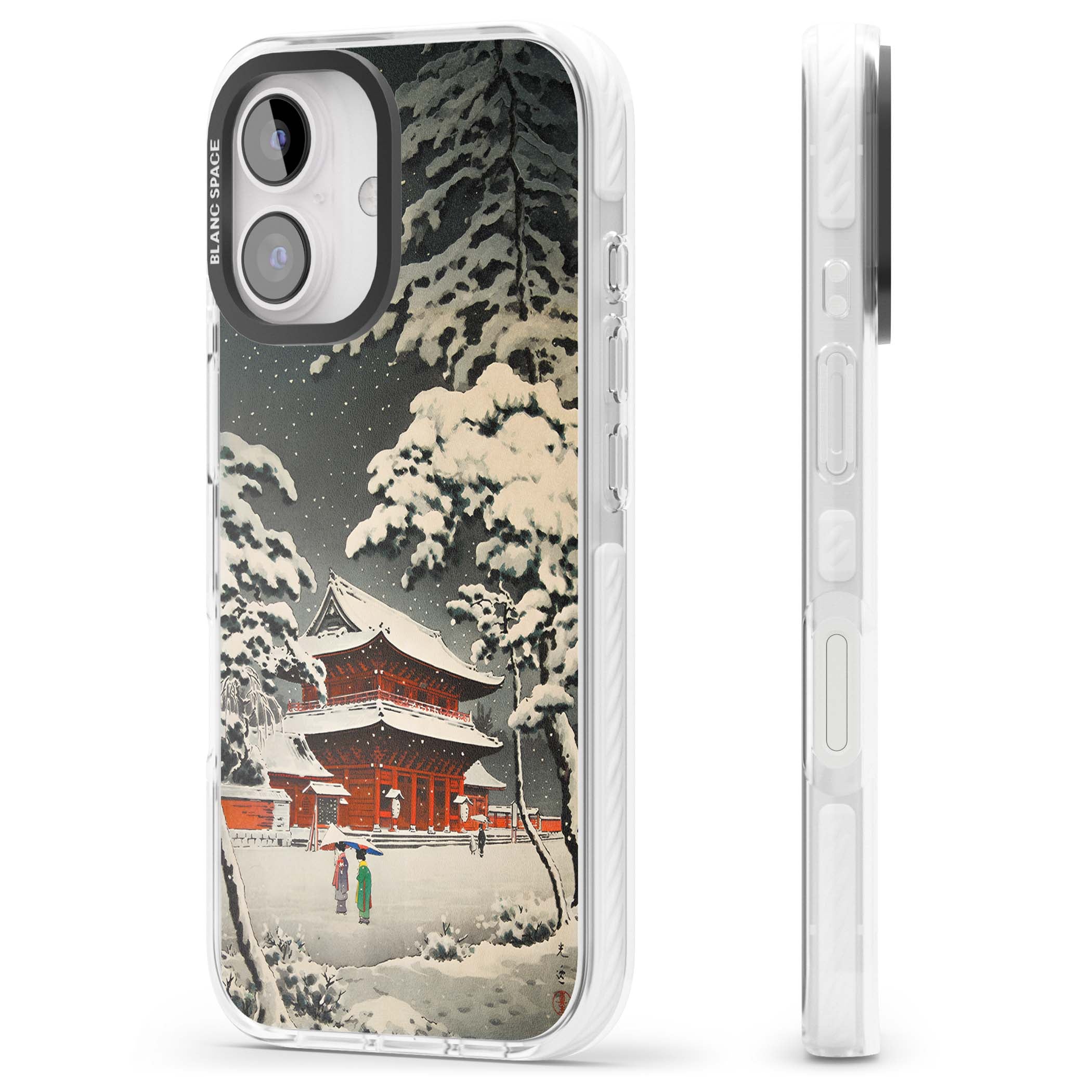 Snow at Shiha Park, Tokyo Japanese art iPhone case featuring a vintage ukiyo-e snowy temple, red pagoda, and snow-covered pin | Clear Impact case for iPhone 16, iPhone 16 Plus