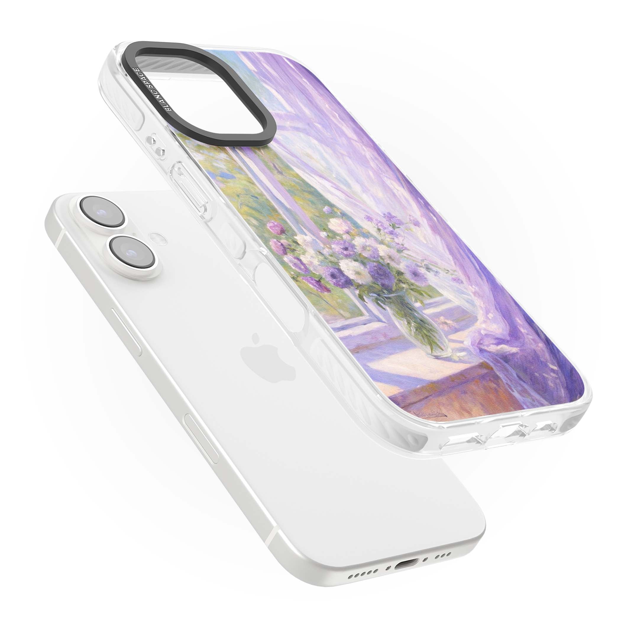A Provence Morning impressionist art iPhone case featuring a vase of purple flowers, sunlit window and sheer curt | Clear Impact case for iPhone 16, iPhone 16 Plus