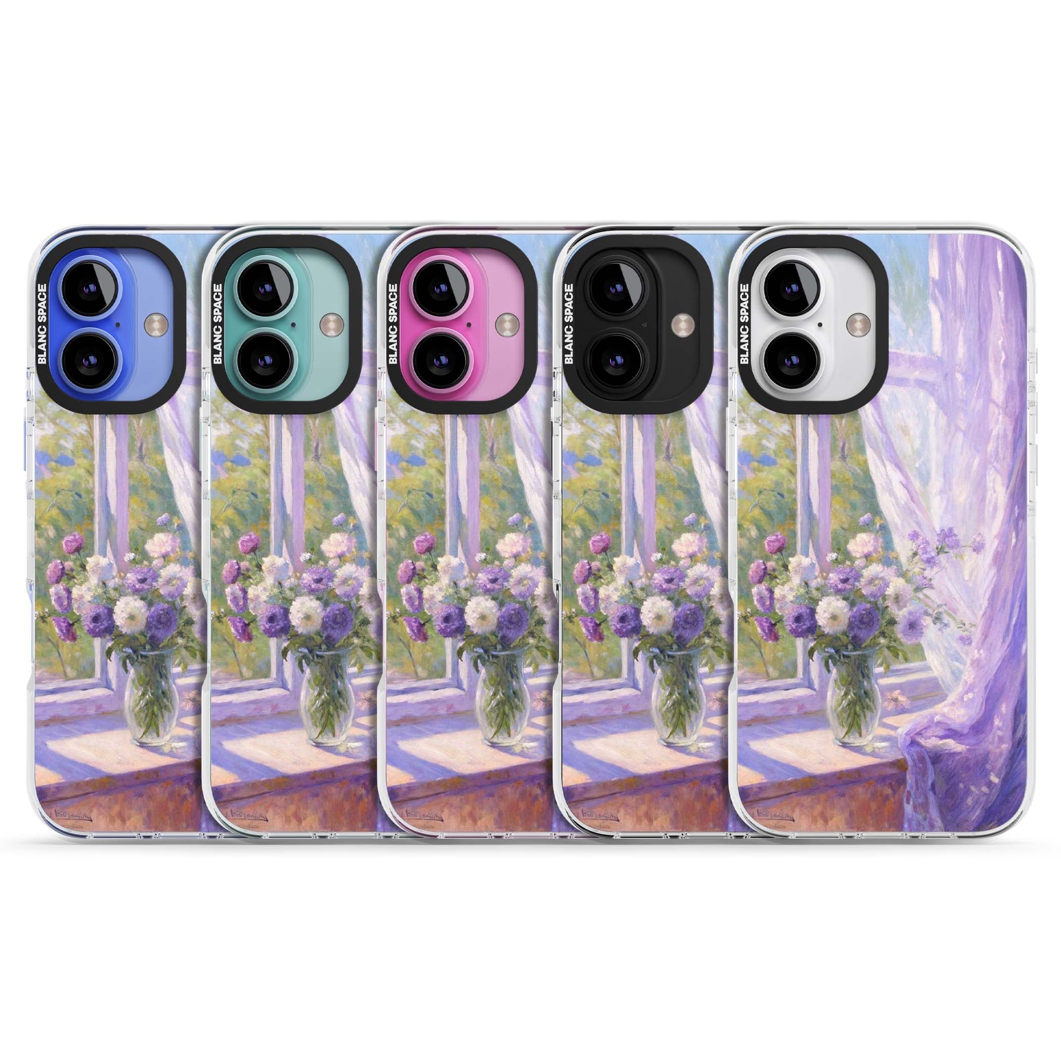 A Provence Morning impressionist art iPhone case featuring a vase of purple flowers, sunlit window and sheer curt | Clear Impact case for iPhone 16, iPhone 16 Plus