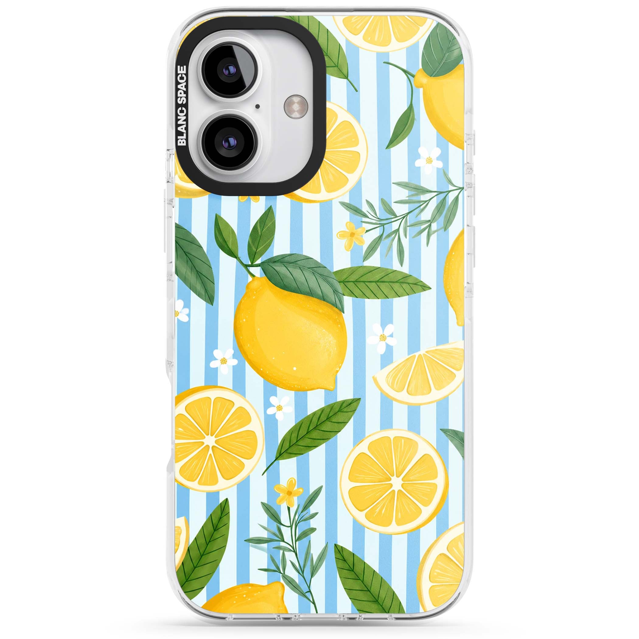 Capri Citrus Stripe coastal iPhone case featuring yellow lemons, blue stripes, and white daisy blossoms | Clear Impact case for iPhone 16, iPhone 16 Plus