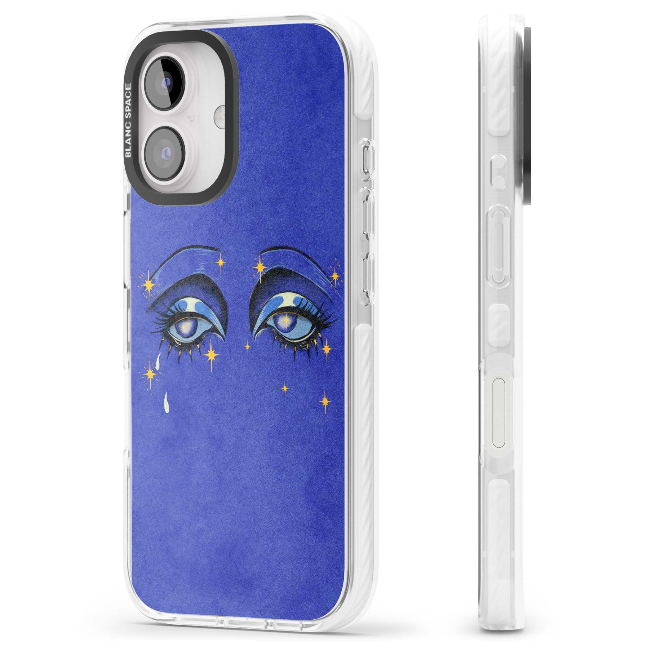 Blue Mystic Eyes celestial iPhone case featuring hand drawn blue mystical eyes, golden stars and a painted tear on indigo | Impact Magsafe case for iPhone 16, iPhone 16 Plus