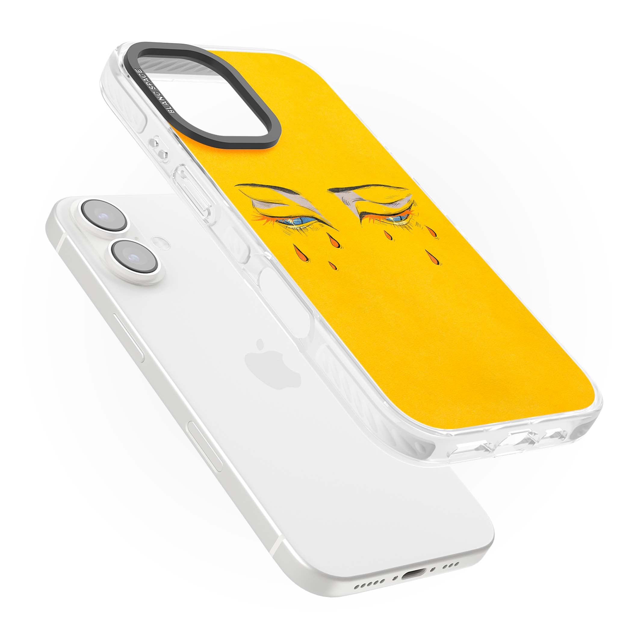 Yellow Tearful Eyes indie iPhone case featuring hand-drawn crying eyes with orange tears on a yellow background | Impact Magsafe case for iPhone 16, iPhone 16 Plus