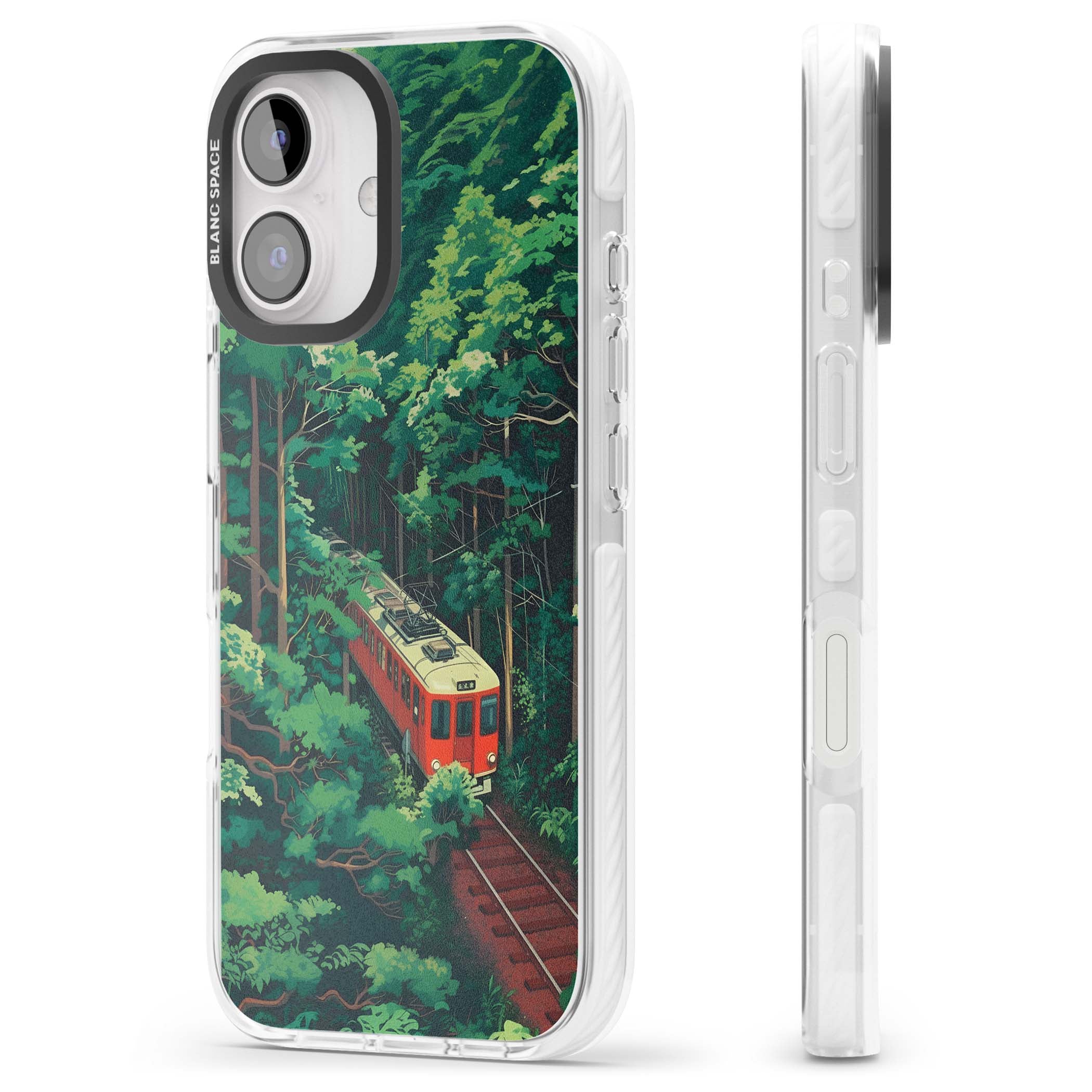 Railway In Toyama Japanese iPhone case featuring a red train, cedar forest and winding mountain railway tracks | Impact Magsafe case for iPhone 16, iPhone 16 Plus