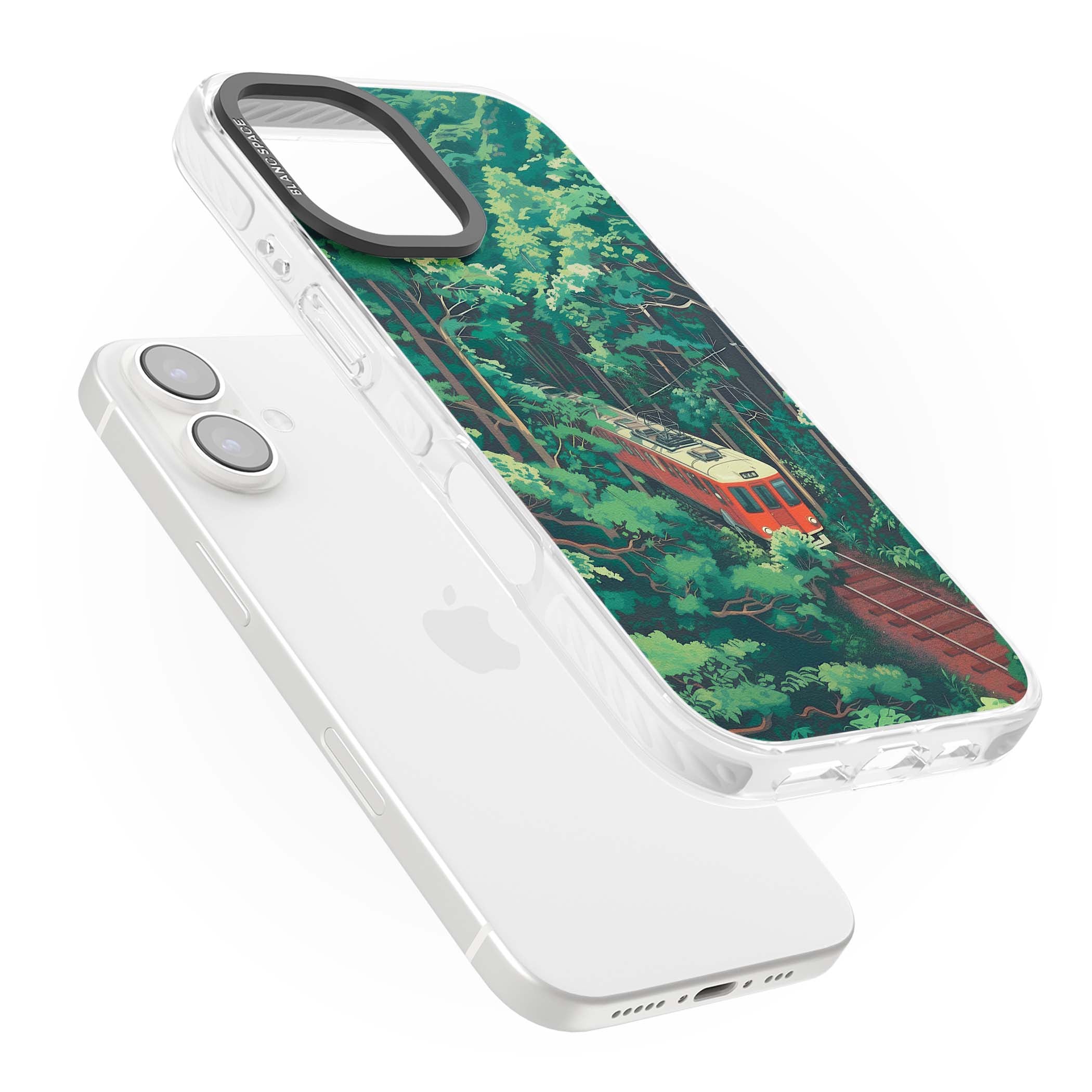 Railway In Toyama Japanese iPhone case featuring a red train, cedar forest and winding mountain railway tracks | Impact Magsafe case for iPhone 16, iPhone 16 Plus