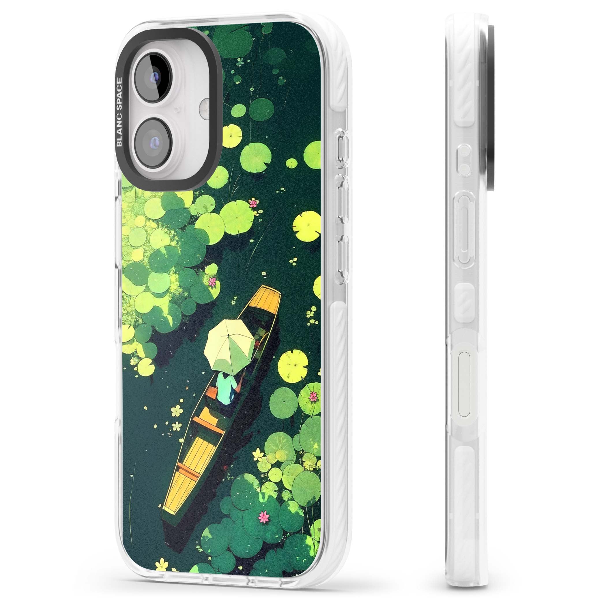 Jade Waters cottagecore iPhone case featuring a painted lily pond, wooden boat with parasol and floating water lilies | Impact Magsafe case for iPhone 16, iPhone 16 Plus