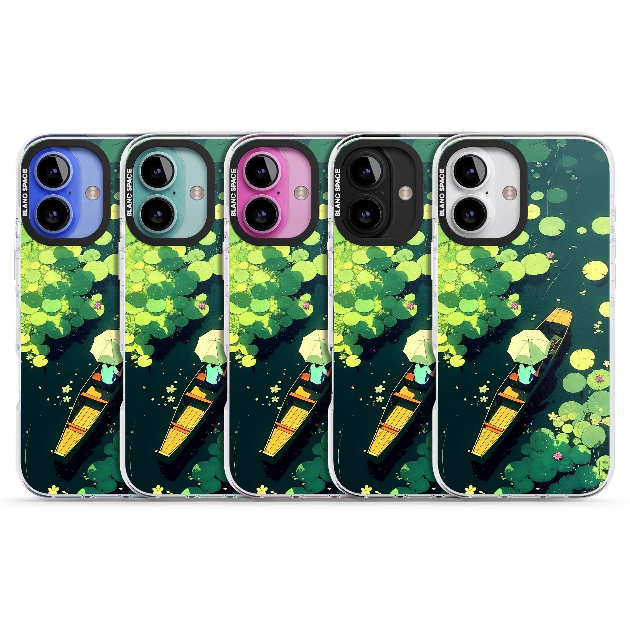 Jade Waters cottagecore iPhone case featuring a painted lily pond, wooden boat with parasol and floating water lilies | Impact Magsafe case for iPhone 16, iPhone 16 Plus