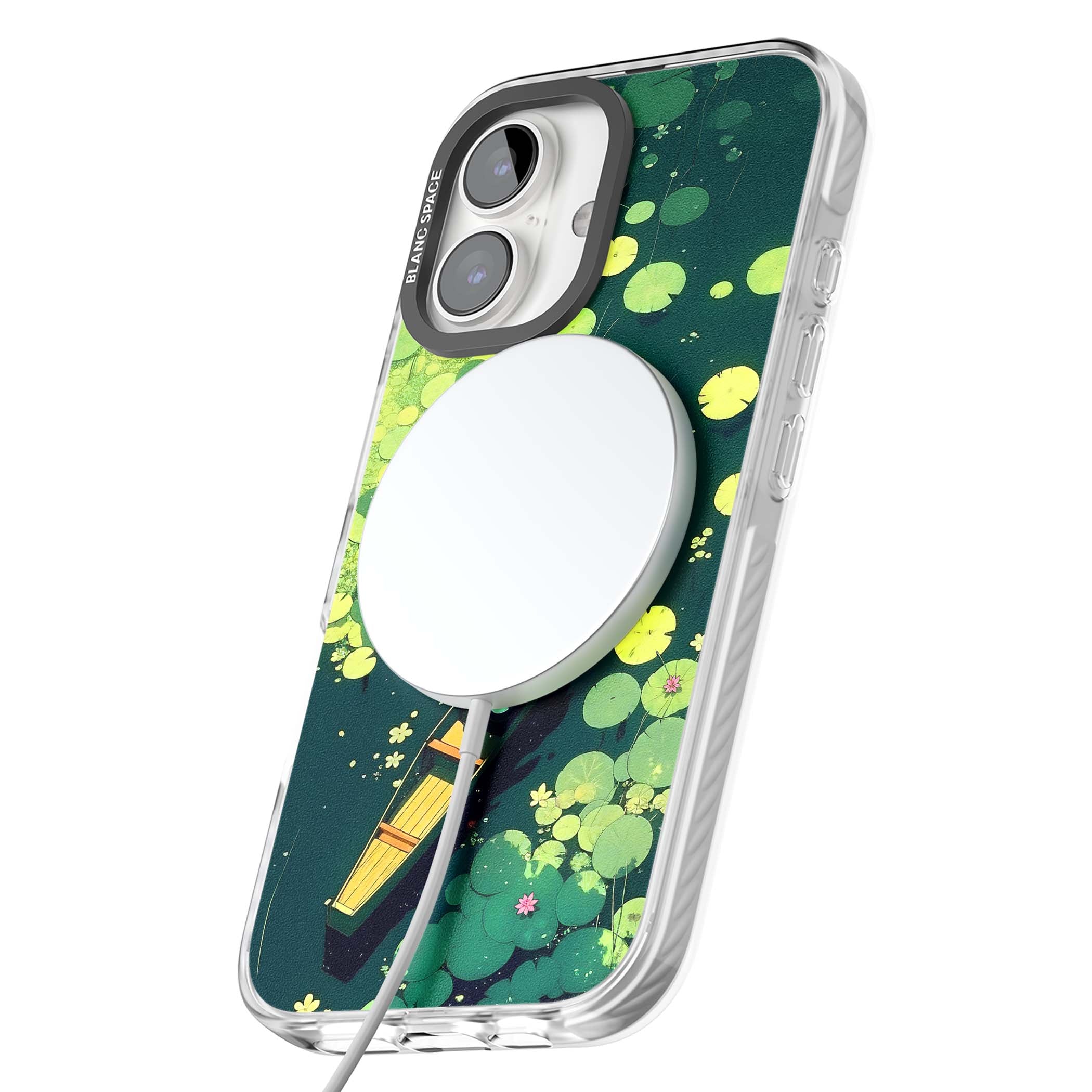 Jade Waters cottagecore iPhone case featuring a painted lily pond, wooden boat with parasol and floating water lilies | Impact Magsafe case for iPhone 16, iPhone 16 Plus