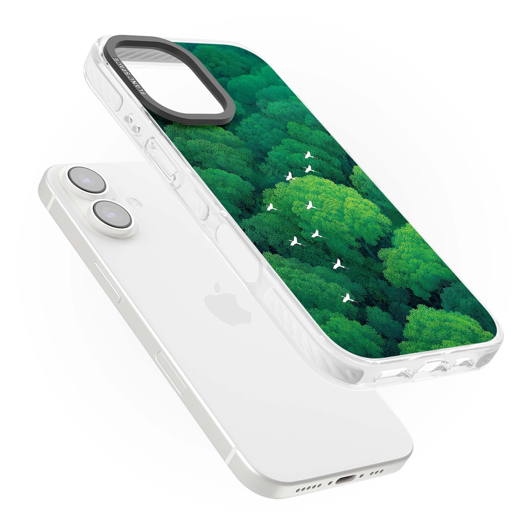 Grove Migration forest iPhone case featuring white cranes flying over lush green treetop canopy | Impact Magsafe case for iPhone 16, iPhone 16 Plus