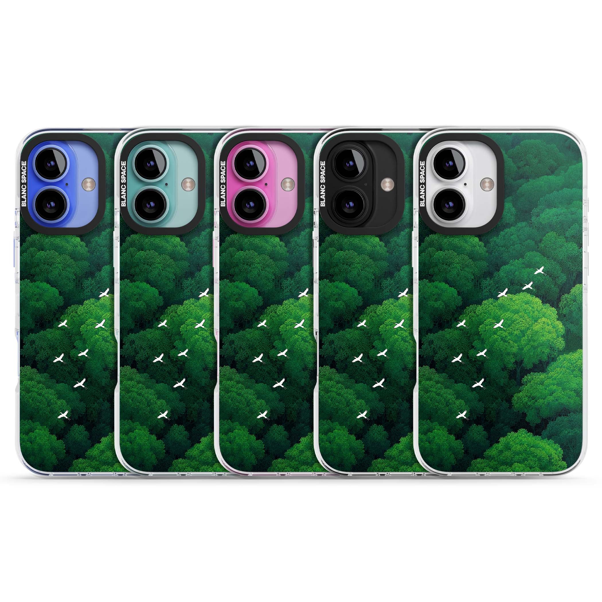 Grove Migration forest iPhone case featuring white cranes flying over lush green treetop canopy | Impact Magsafe case for iPhone 16, iPhone 16 Plus