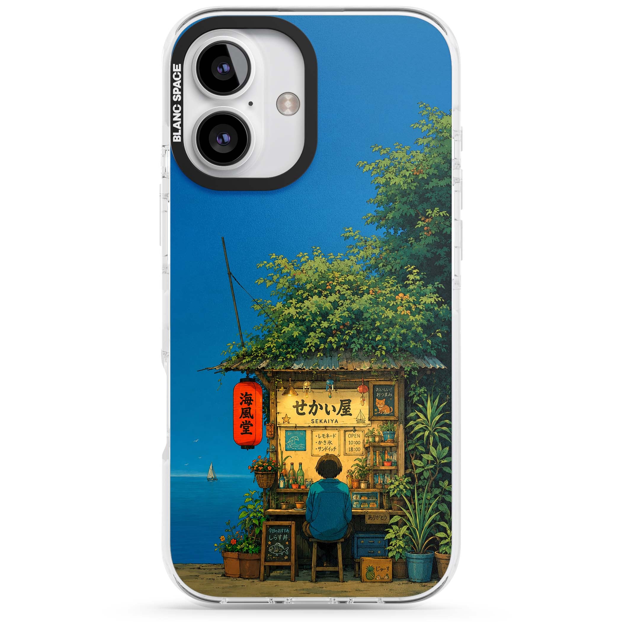 The Shirahama Kiosk anime iPhone case featuring a Japanese seaside shop, red paper lantern and ocean view | Impact Magsafe case for iPhone 16, iPhone 16 Plus