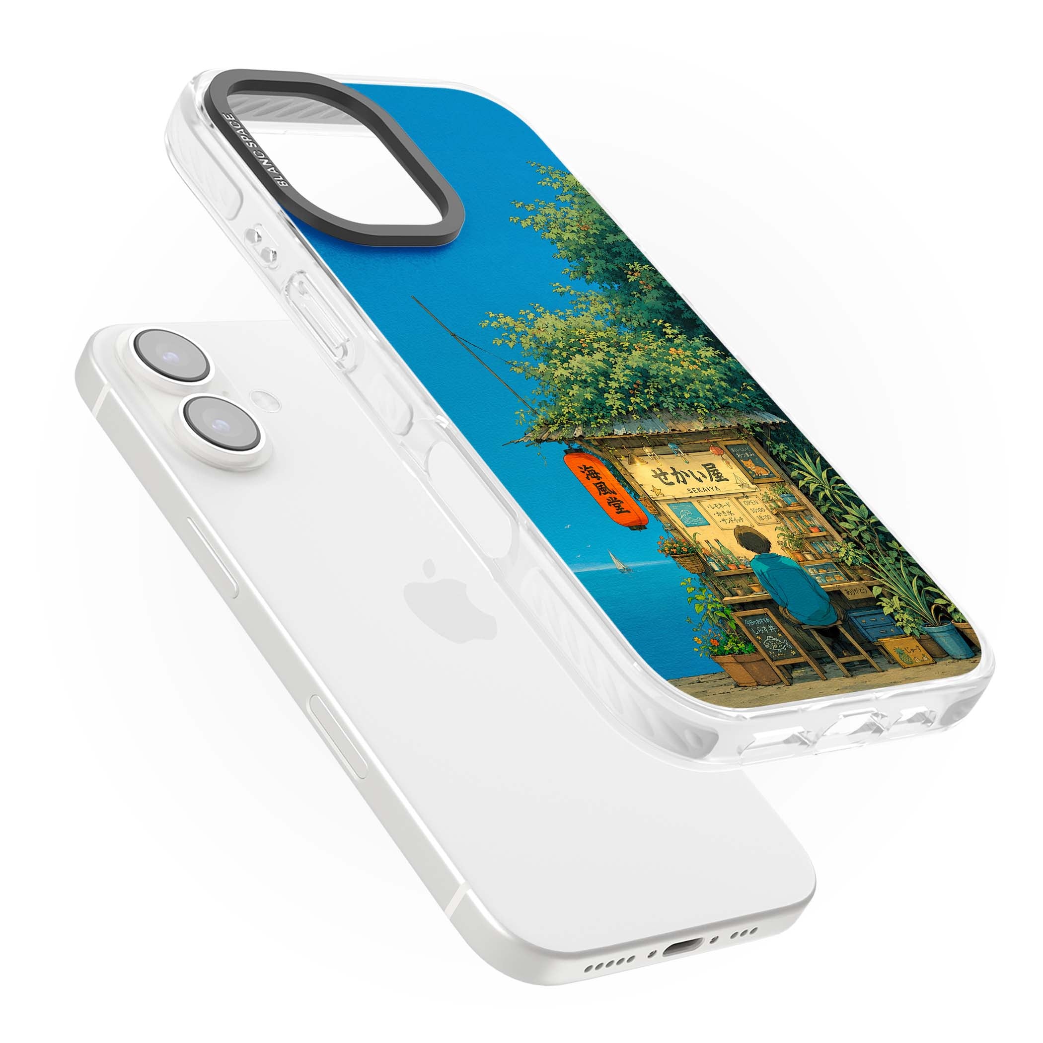 The Shirahama Kiosk anime iPhone case featuring a Japanese seaside shop, red paper lantern and ocean view | Impact Magsafe case for iPhone 16, iPhone 16 Plus