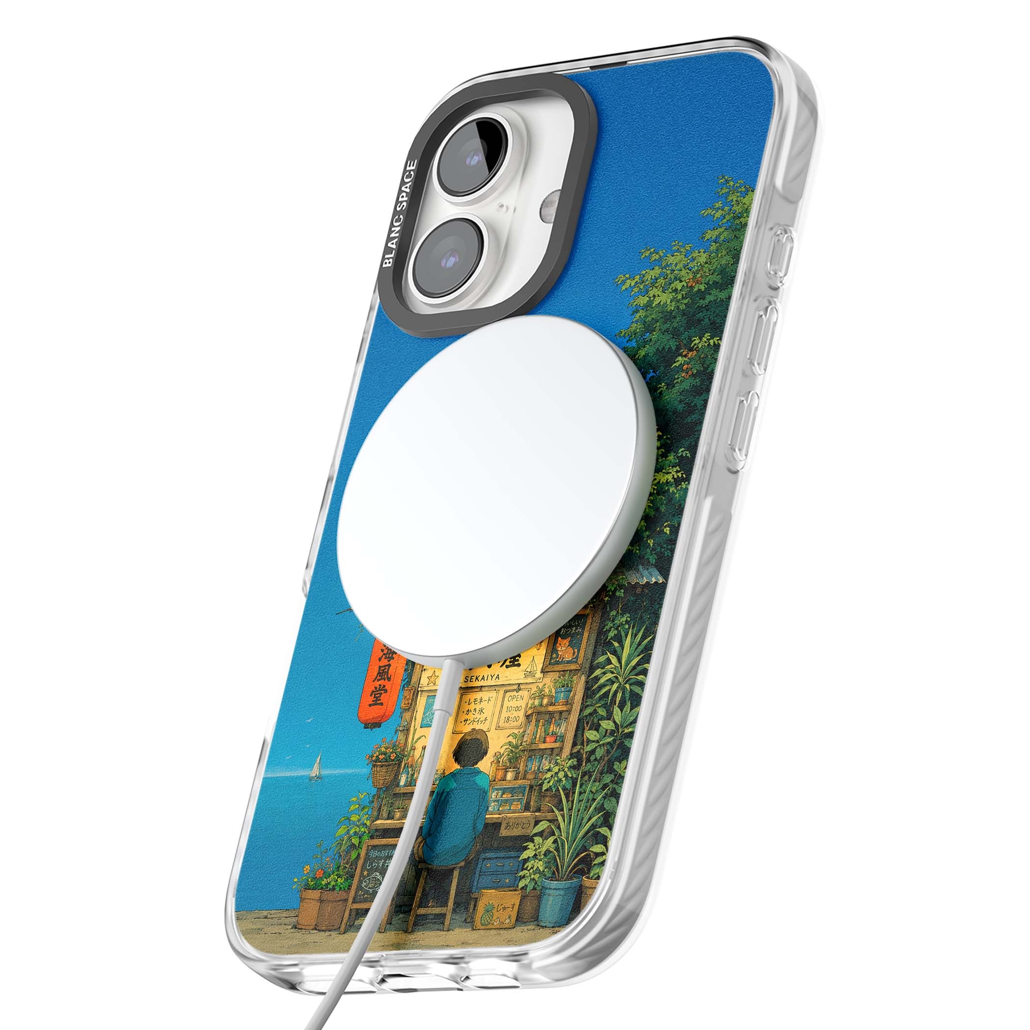 The Shirahama Kiosk anime iPhone case featuring a Japanese seaside shop, red paper lantern and ocean view | Impact Magsafe case for iPhone 16, iPhone 16 Plus