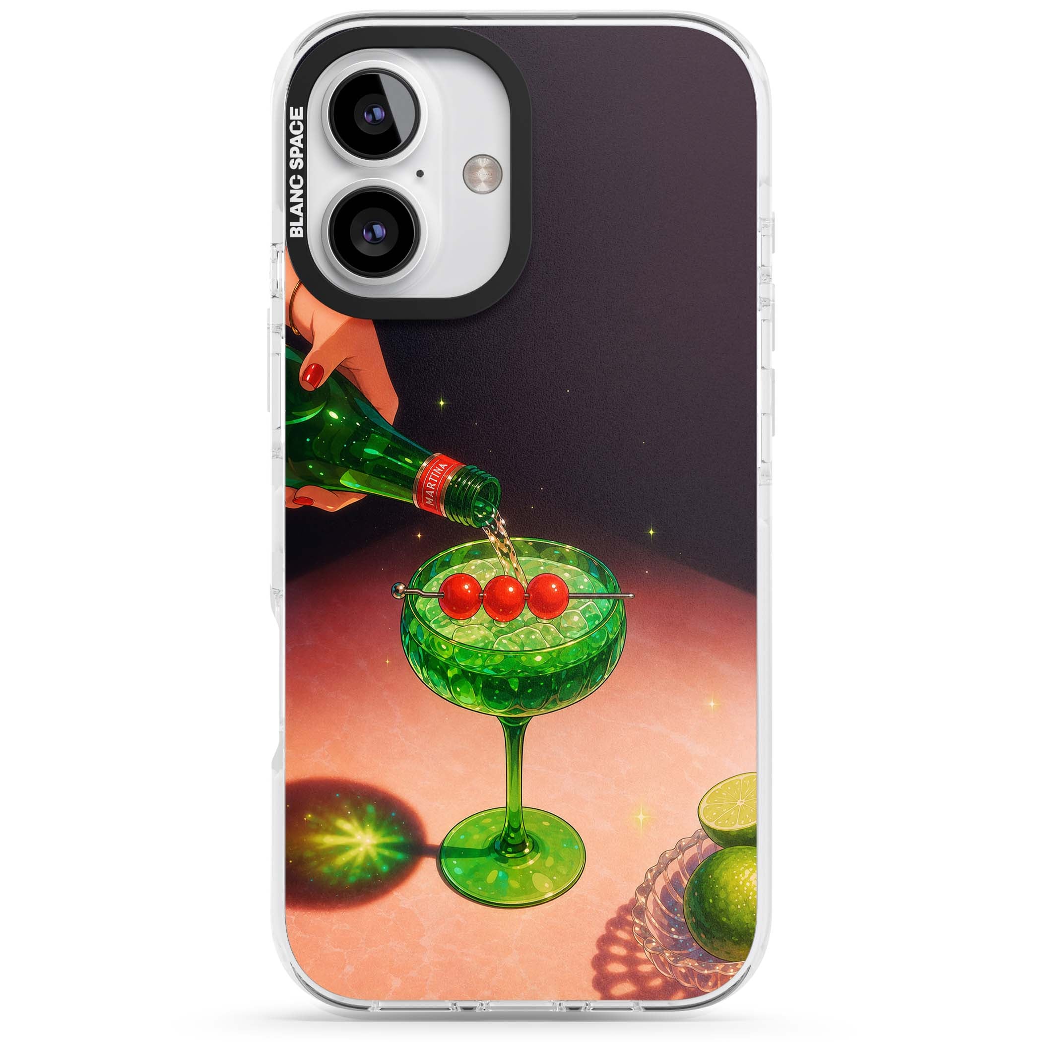 Absinthe Hour cocktail iPhone case featuring a green coupe glass, cherry garnish and vintage bottle pour illustration | Impact Magsafe case for iPhone 16, iPhone 16 Plus
