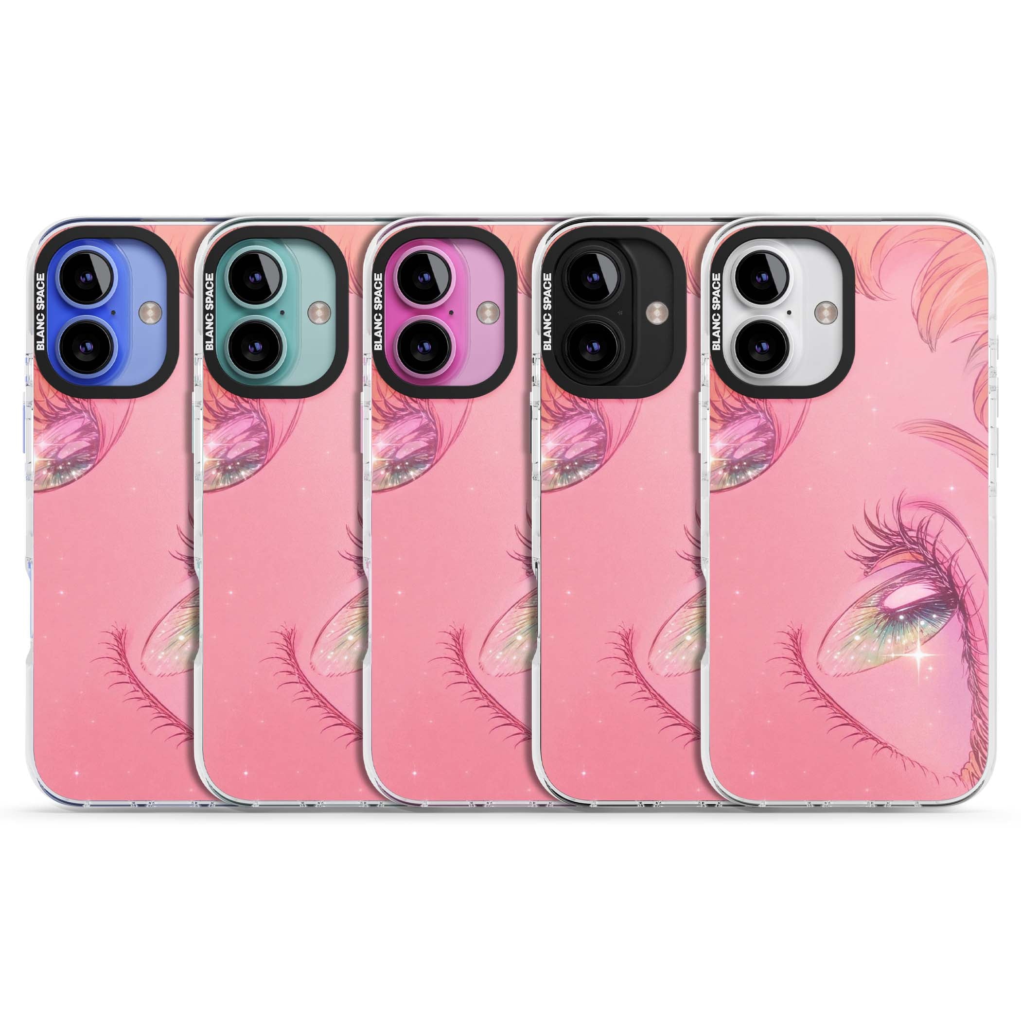 Pink Ethereal Gaze anime iPhone case featuring sparkling manga eyes, coral lashes and dreamy peach sky | Impact Magsafe case for iPhone 16, iPhone 16 Plus