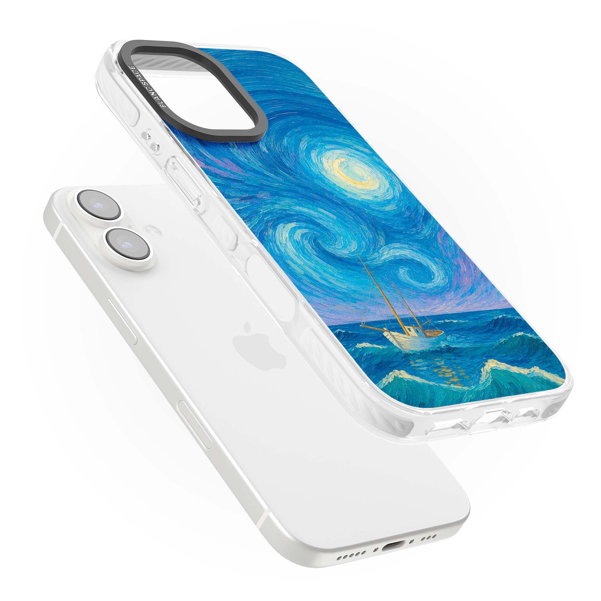 Moonlit Tide Van Gogh art iPhone case featuring swirling starry night sky, glowing moon and lone sailing boat at sea | Impact Magsafe case for iPhone 16, iPhone 16 Plus