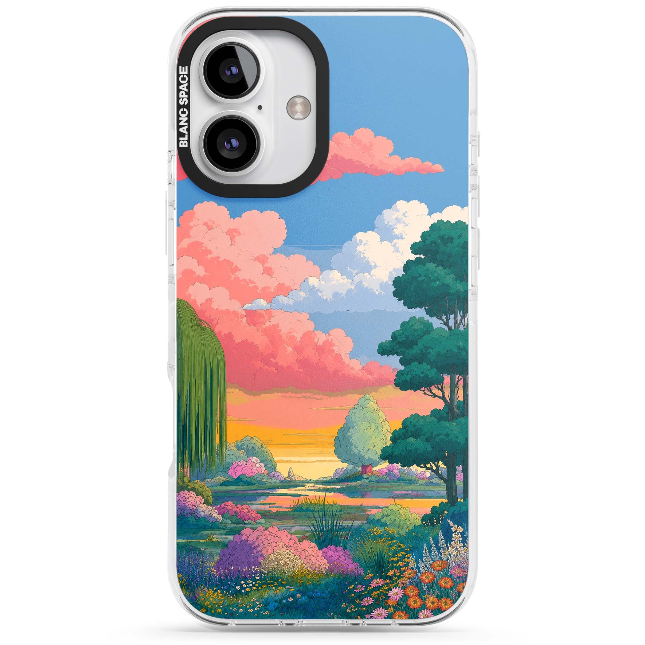 Dream Valley anime landscape iPhone case featuring pink sunset clouds, willow trees and wildflowers | Impact Magsafe case for iPhone 16, iPhone 16 Plus